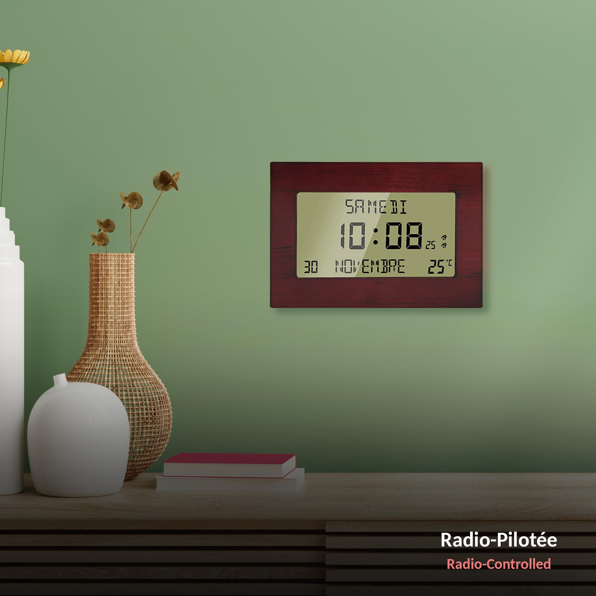 Fishtec Horloge Réveil Numérique Radiopilotée Motif Bois Grand Écran LCD Date Jour Température Double Alarme Snooze 23 x 16 cm