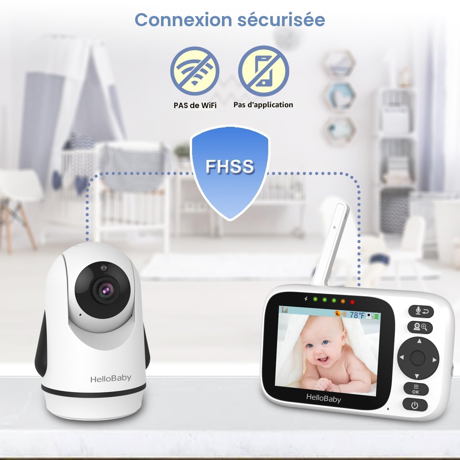 HelloBaby Babyphone Camera, 3,2’’ Écran IPS, Caméra de surveillance bébé, Babyphone sans WiFi, Audio bidirectionnel, Vision nocturne, ECO, Surveillance de température, 8 Berceuses, 305 mètres (HB6339)