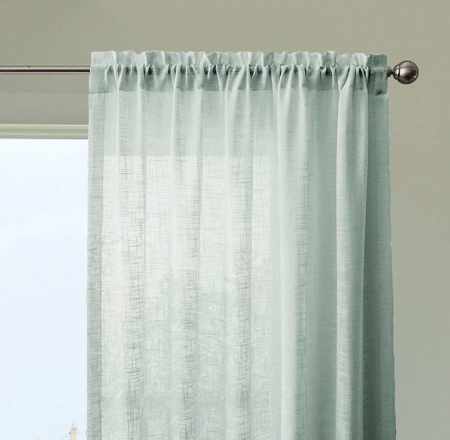 Linen Textured Sheer Curtains for Door Semi Transparent 7 Feet Long Panels Set for Home Decoration, Solid Silver Grey - (Top Style - Rod Pocket)