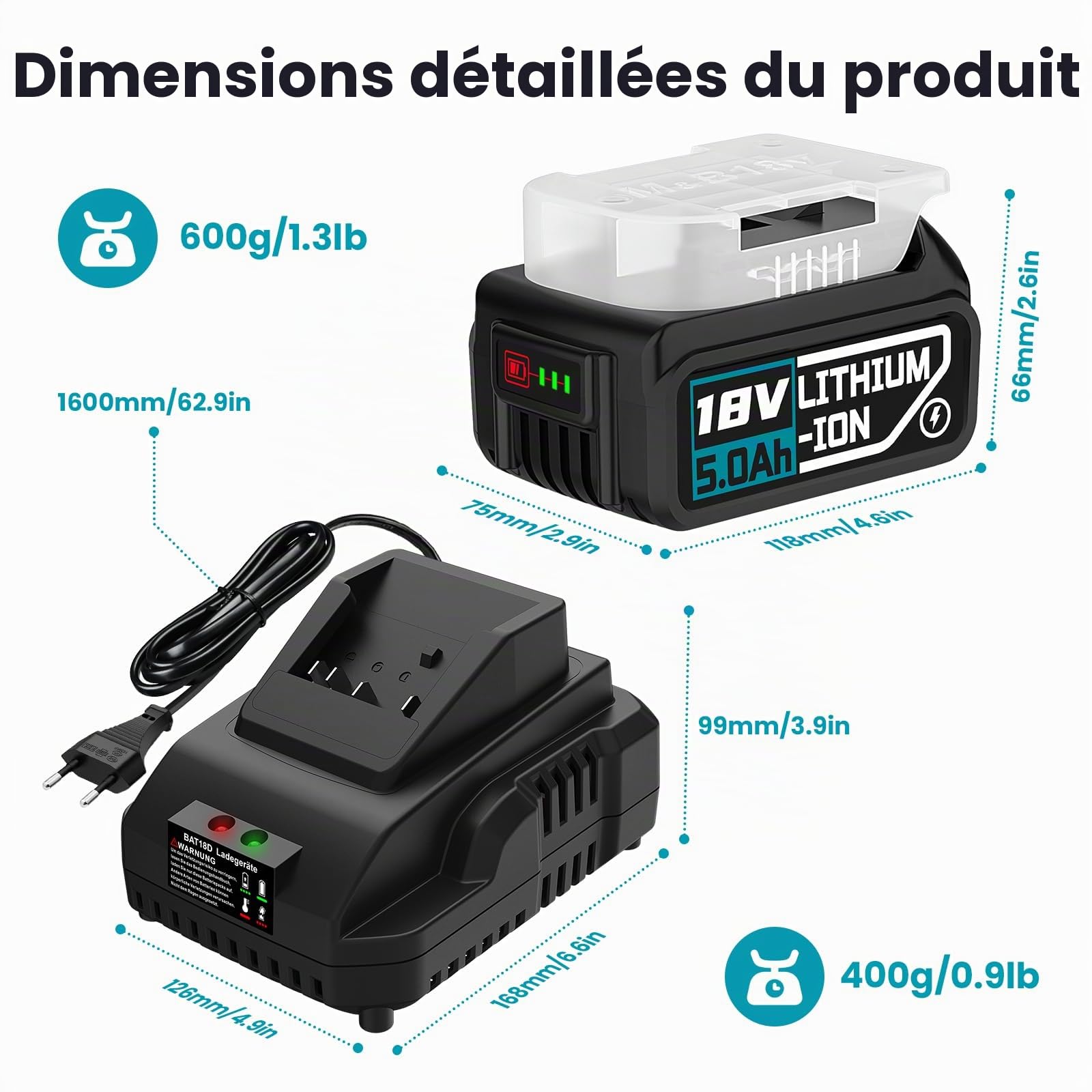 Batterie de rechange 5000 mAh pour Bosch Professional 18 V avec chargeur