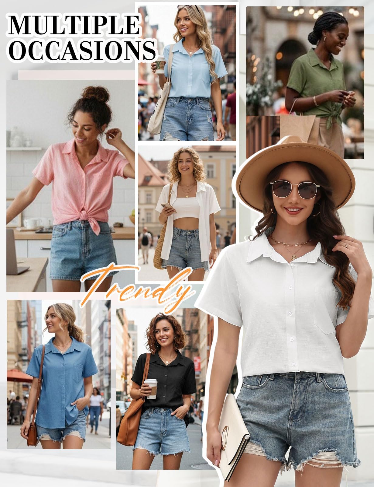 Blusas Mujer Verano Camisas Manga Corta Elegante Camisa Cuello en V Túnica Tops Casual Algodon Lino Camisetas Sueltas Blusa con Botones Color Sólido Shirts