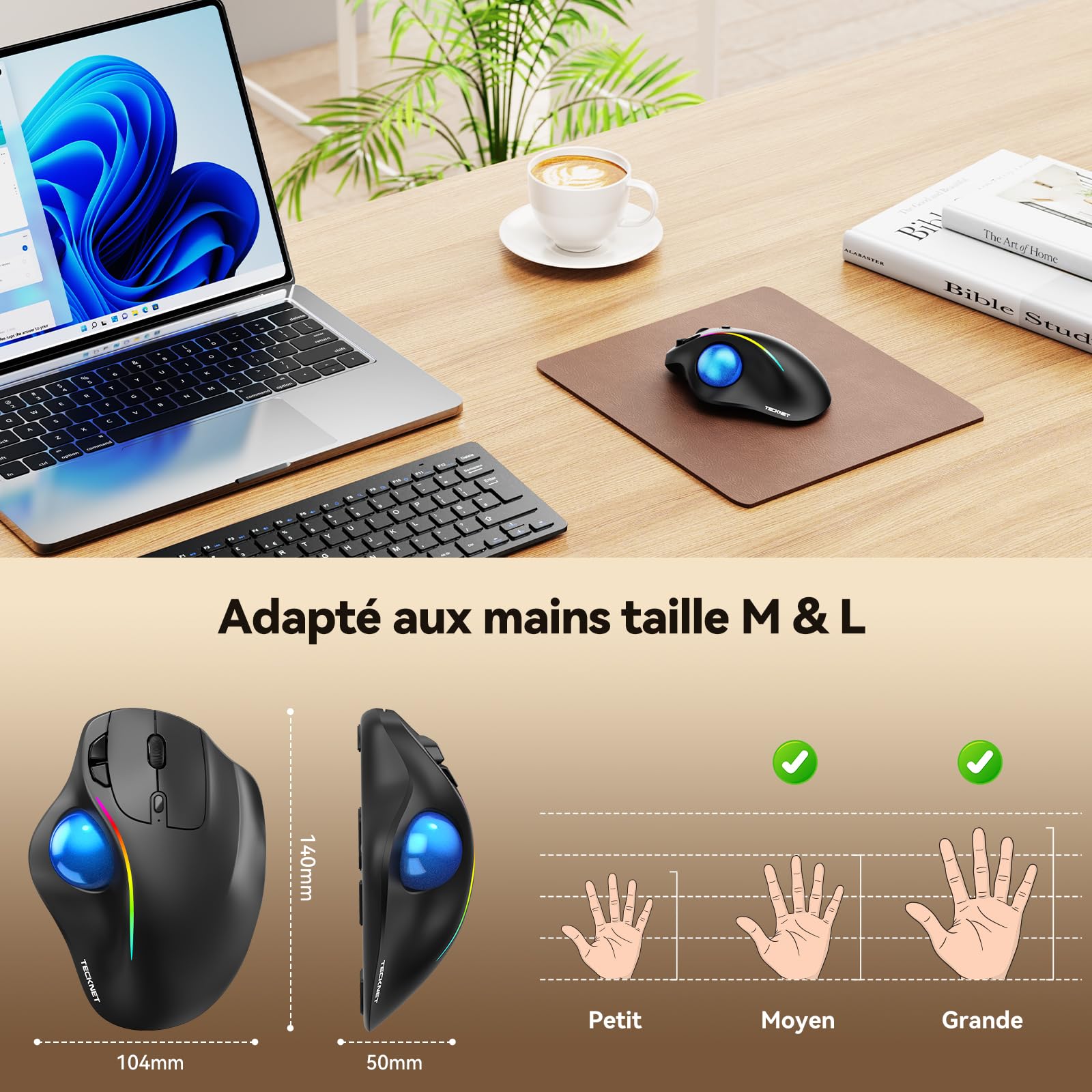 TECKNET Trackball Souris sans Fil, Bluetooth et dongle crypté | Souris Ergonomique sans Fil, 6 Touches, Connexion à 3 appareils, éclairage RGB, Compatible avec PC/Mac, Bleu