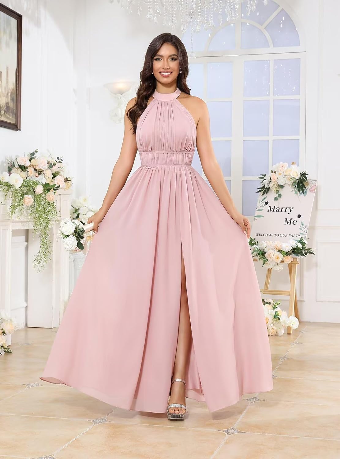 Halter Chiffon Bridesmaid Dresses Long Ruched Top Empire Waist Flowy A Line Prom Dress Formal Gowns for Women - Image 4