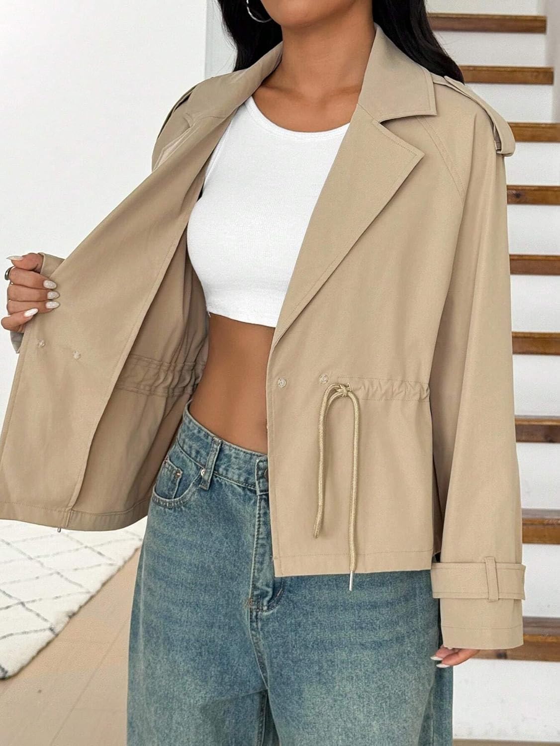 Womens Fashion Trench Outwear Autumn Waist Short Trench Coat Jacket Coat
