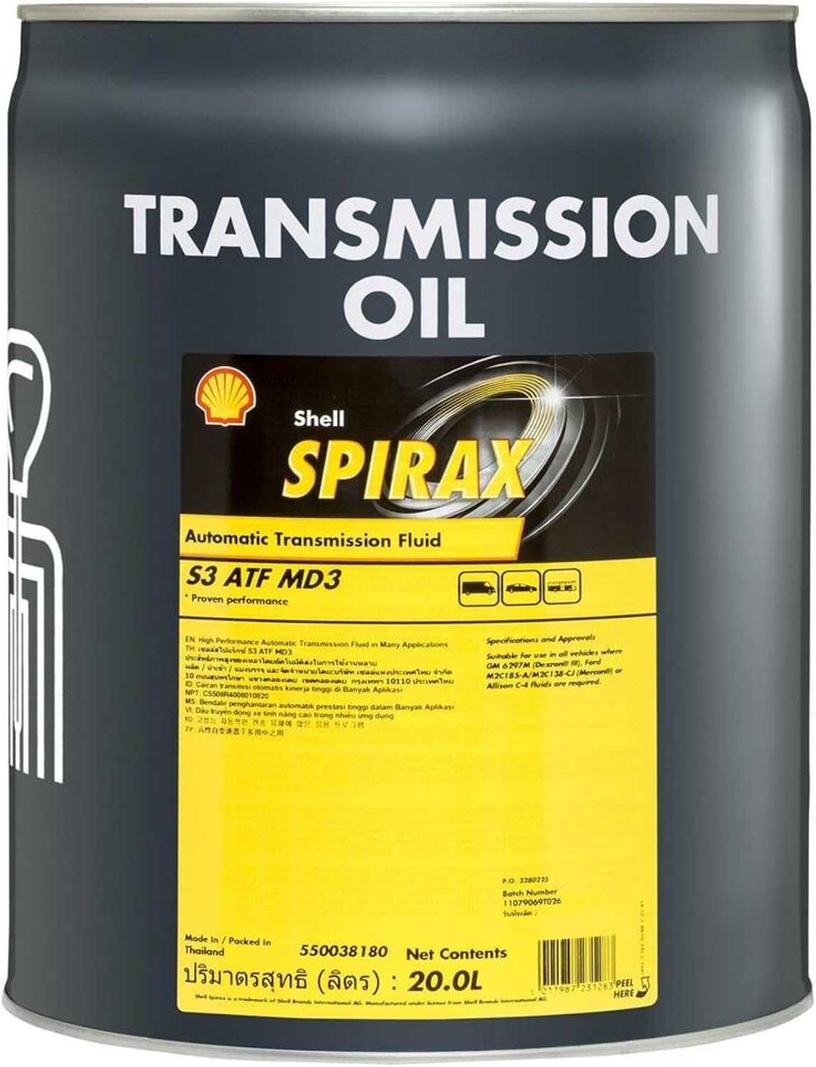 Shell Car Fluids Shell LubricantsSpirax S3 ATF MD3 Automatic Transmission Fluid 20 Litre ...