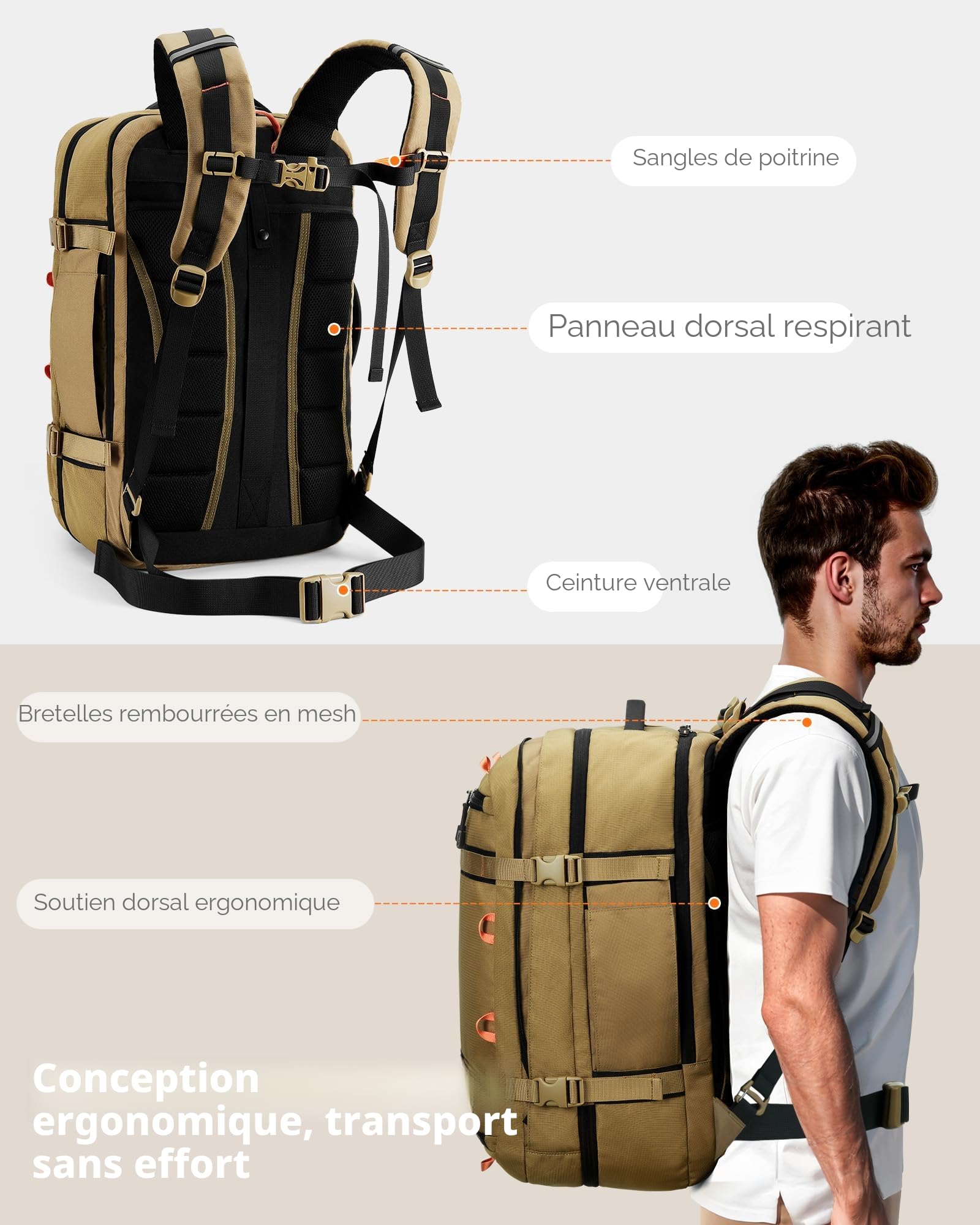 Tolaccea Sac a Dos Voyage Cabine Avion Extensible 45L-50L, Sac à Dos Voyage Imperméable Grand Compatible TSA Antivol, Sac a Dos Ordinateur 17,3“, Sac Cabine Avion pour Homme Femme Voyage, Kaki