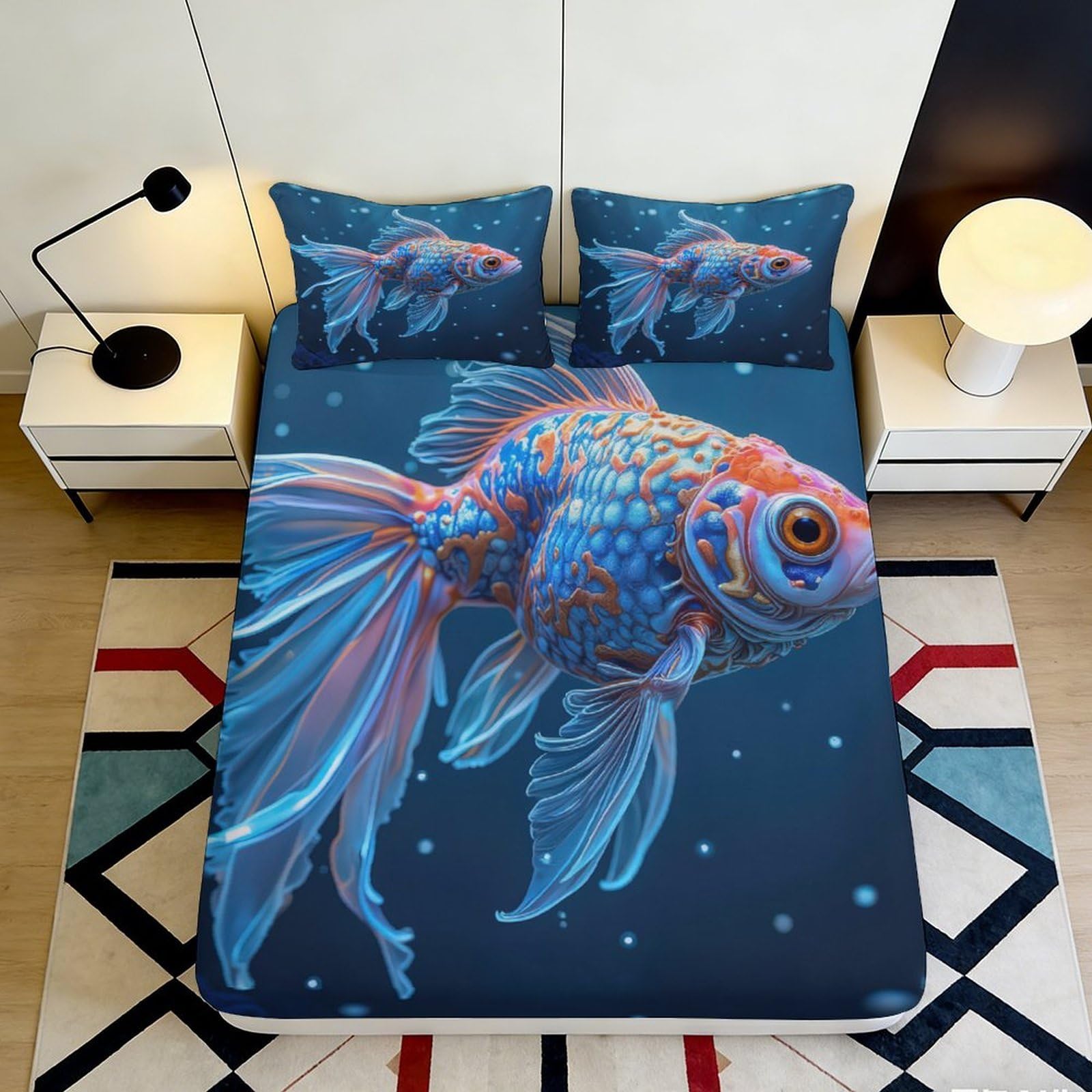 3D Printed Blue Goldfish Fitted Sheet Microfiber Breathable Artistic Bed Cover for Bedroom Dorm Mattress Decor 90x200x25cm