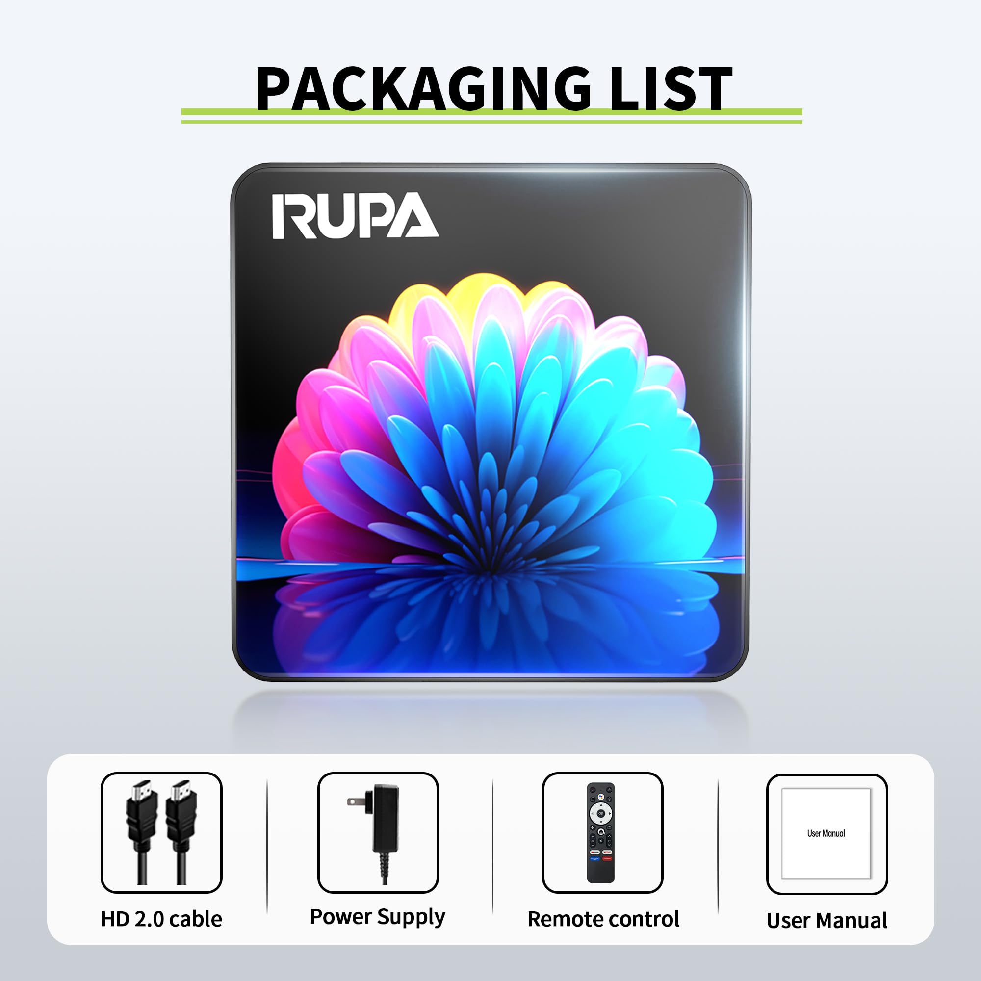 RUPA Android TV Box 13.0, 2025 8K Neueste TV Box mit RAM 4GB ROM 64GB WiFi6 Enternet 10/100M Bluetooth 5.0 USB3.0 Unterstützt 3D HD Cast Screen Android Box