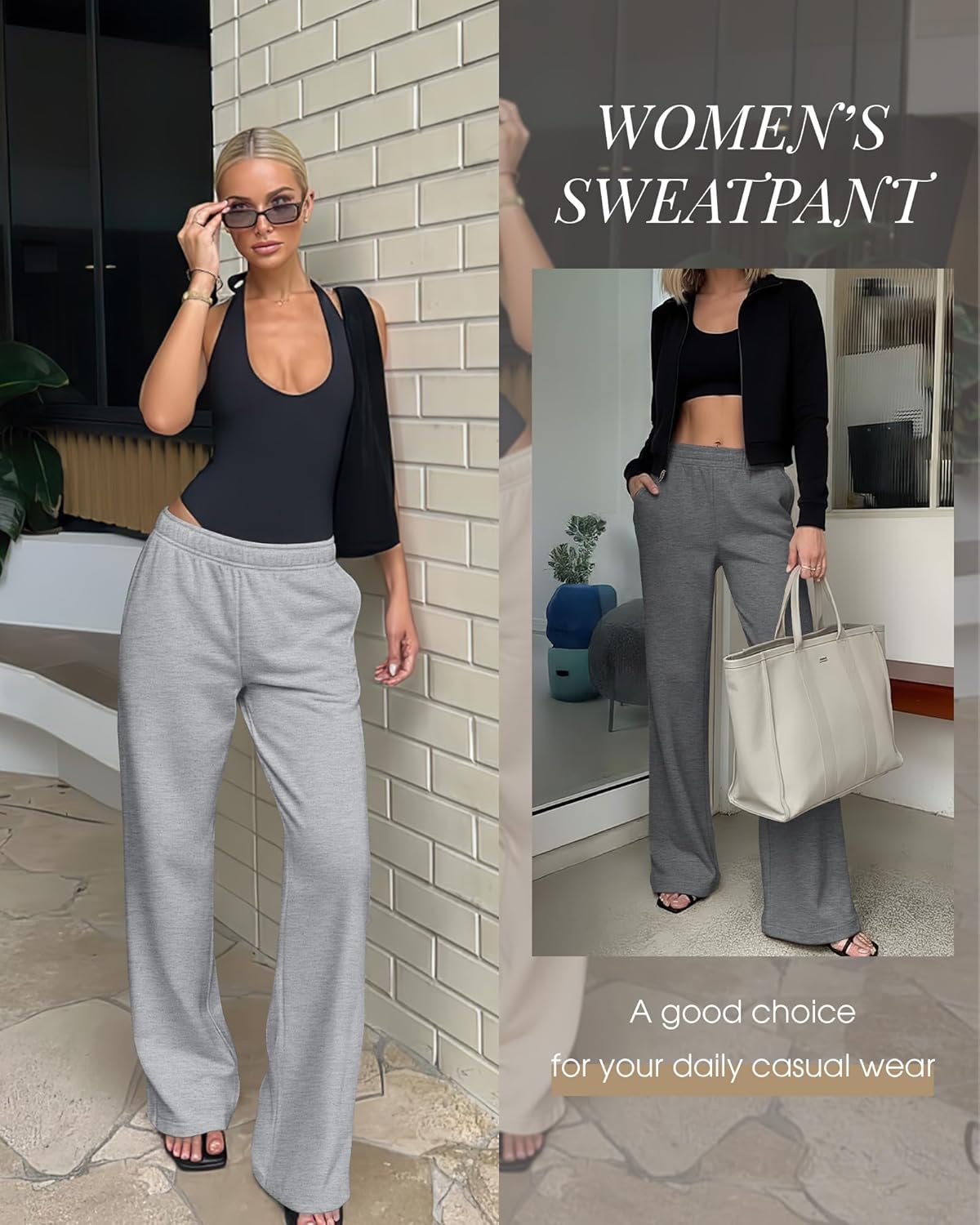 3 Pack Women's Wide Leg Sweatpants Interior Drawstring Baggy Sweatpant High Waisted Casual Jogger Pant with Pocket - Image 3