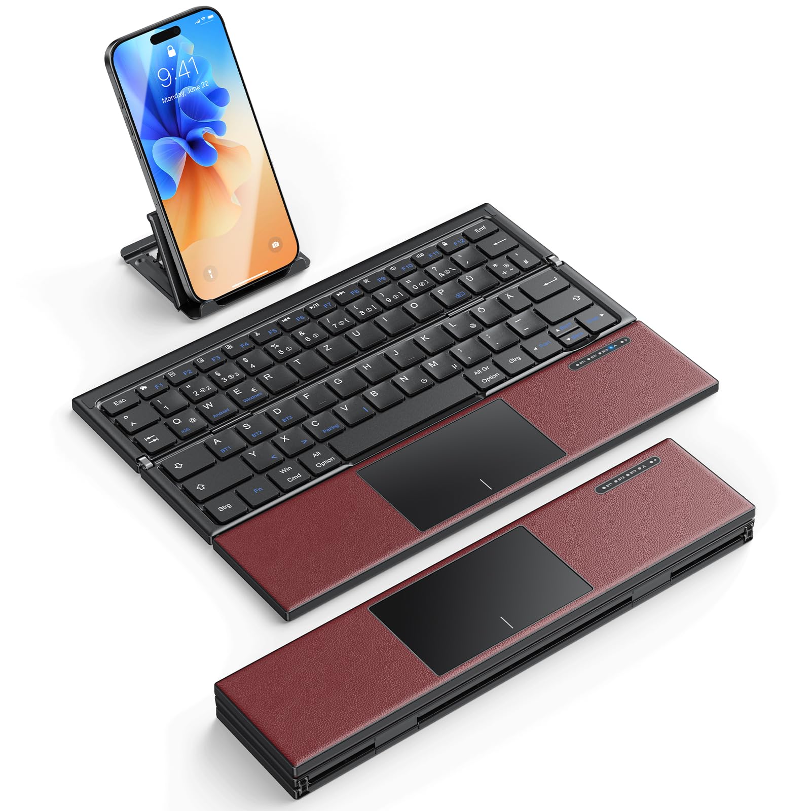 OMOTON Faltbare Bluetooth Tastatur mit Touchpad, Tragbare Kabellose Tastatur Mini Reise für iOS Android Windows Laptop PC Tablet Smartphone, QWERTZ - Burgunderrot