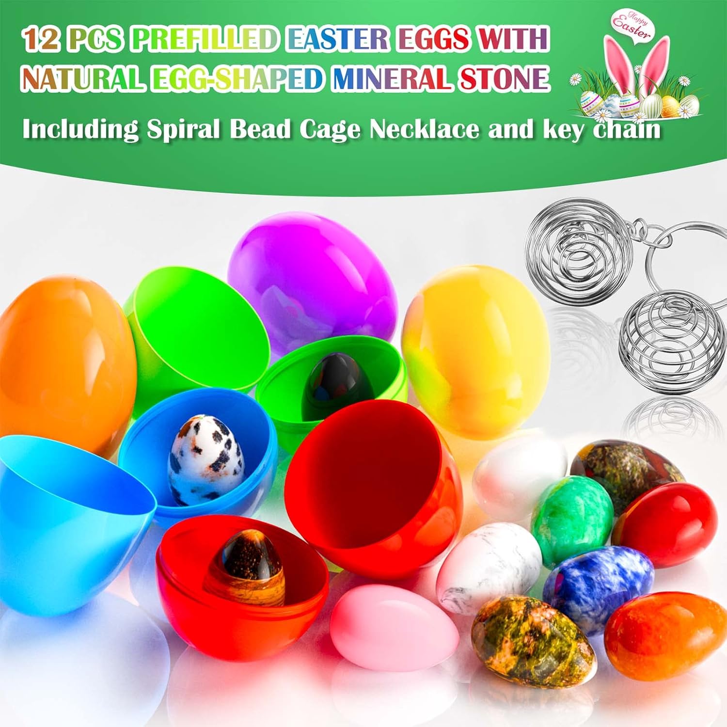 vewicokop 12Pcs Prefilled Easter Eggs with Real Crystal & Rock Collection Kit, Easter Basket Stuffers Fillers for Egg Hunt, Party Favors & Classroom Prizes for Kids Boys Girls