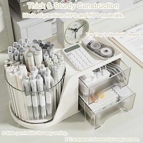 Miniatura 3 de SAYEEC Organizador de escritorio con 2 cajones, 6 ranuras, soporte giratorio multifuncional para lápices, organizador de maquillaje de escritorio,