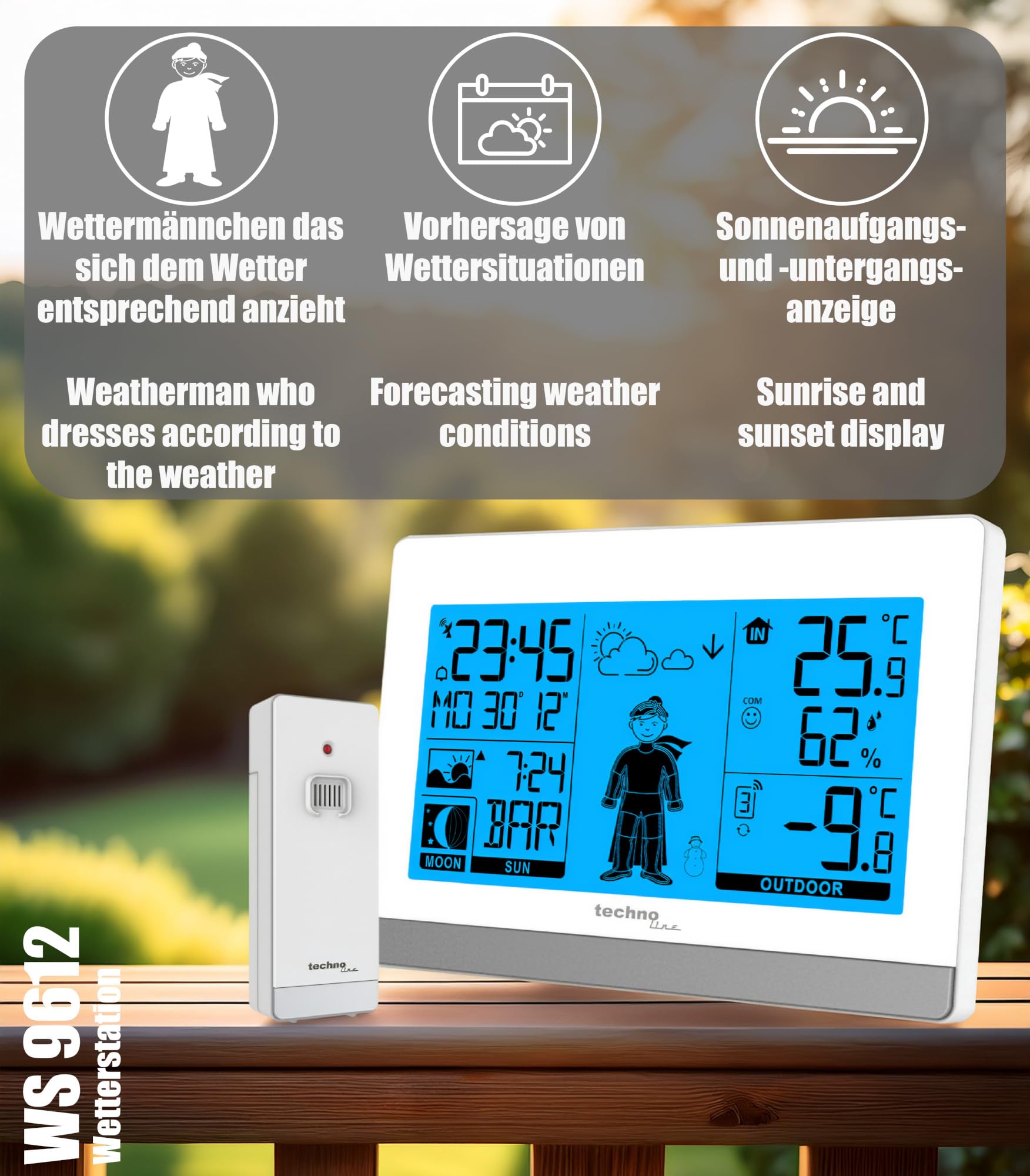 Technoline WS9612 in bianco, con temperatura interna ed esterna, previsioni meteo, orologio radio