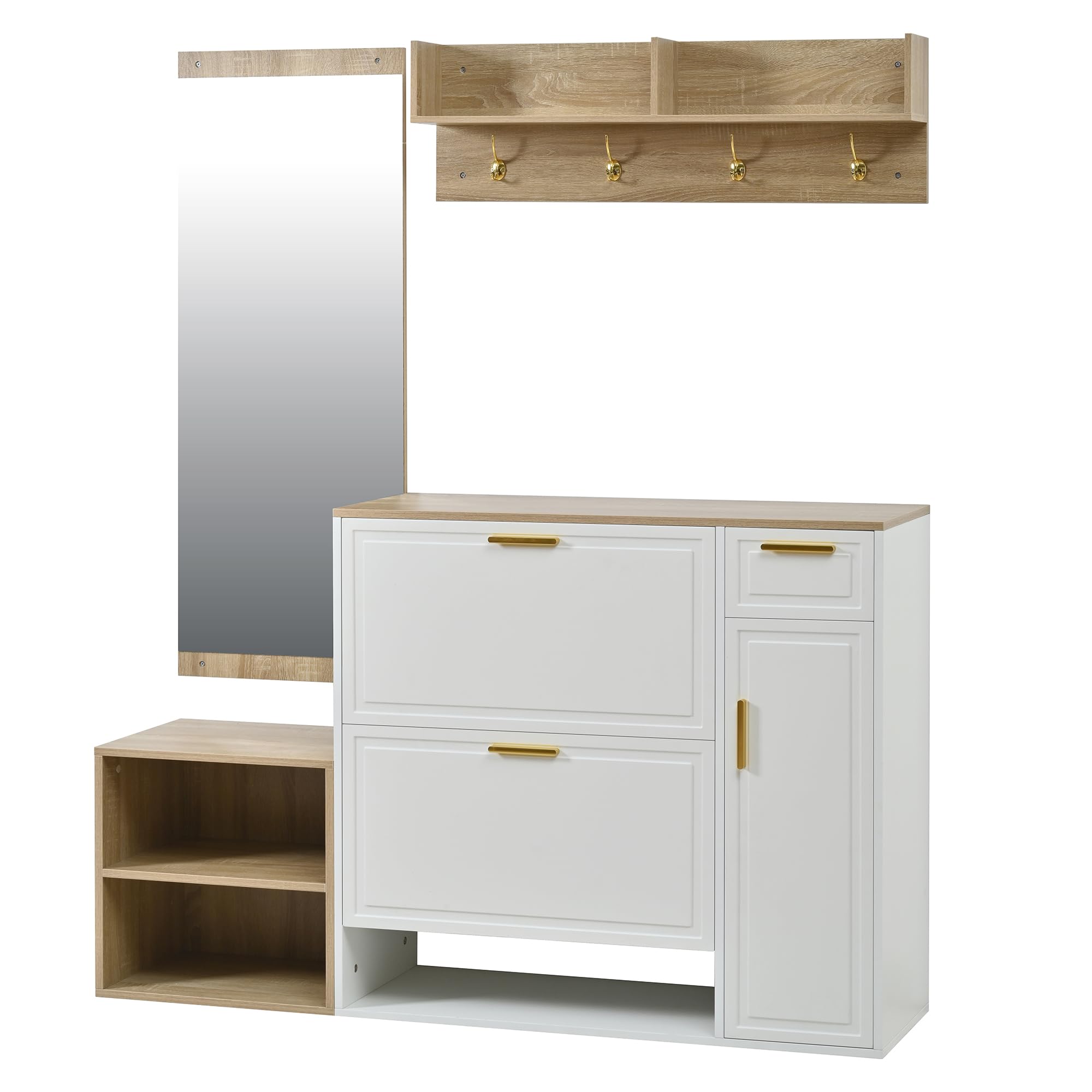 MURUL Set di 4 appendiabiti da 139,5 x 35 x 166 cm, naturale/bianco, con scarpiera, panca, appendiabiti da parete e specchio, set completo per corridoio e ingresso