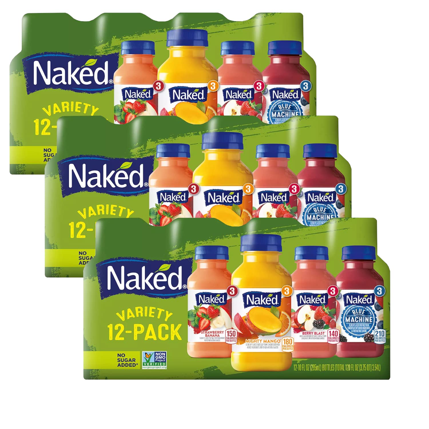 Naked Juice Variety Pack | Strawberry Banana, Mighty Mango, Berry Blast and Blue Machine | No Sugar Added And Non GMO - 3 Boxes (10 oz., 12 pk. Each)