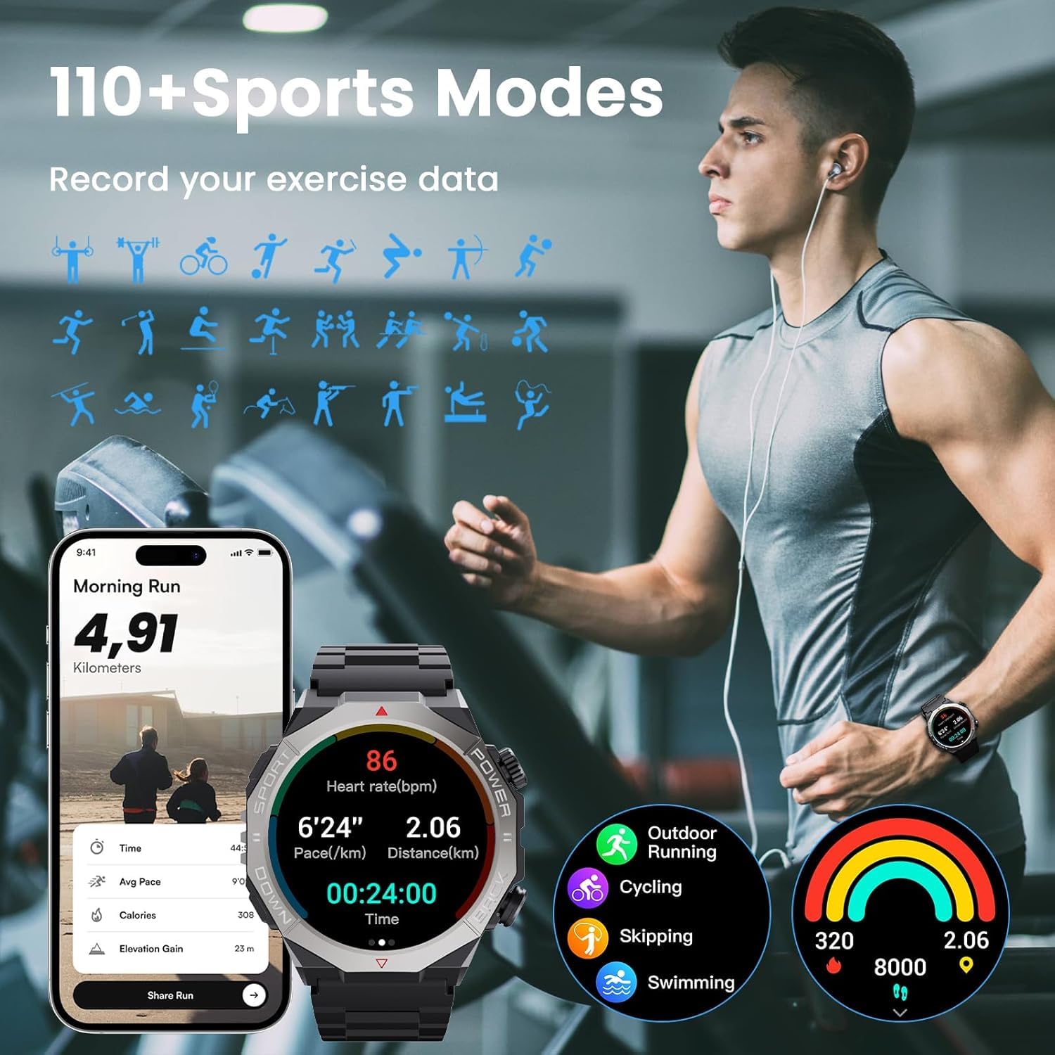 Smartwatch Uomo Donna con Effettua o Risposta Chiamate, 1.39" Orologio Smartwatch Contapassi/Cardiofrequenzimetro/Sonno, IP68 Sportivo Fitness Tracker, 110+ Modalità Smart Watch per Android iOS, Nero