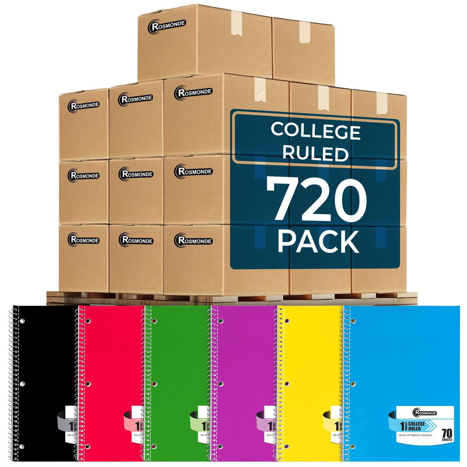 Rosmonde 720 Packs (Pallet) 1 Subject Notebooks, Spiral Notebook Bulk, College Ruled, Pallet of Notebooks,70 Sheets (140 pages), 8 x 10-1/2",Bulk Spiral Notebooks for School & Office, 4-7 Days Transit