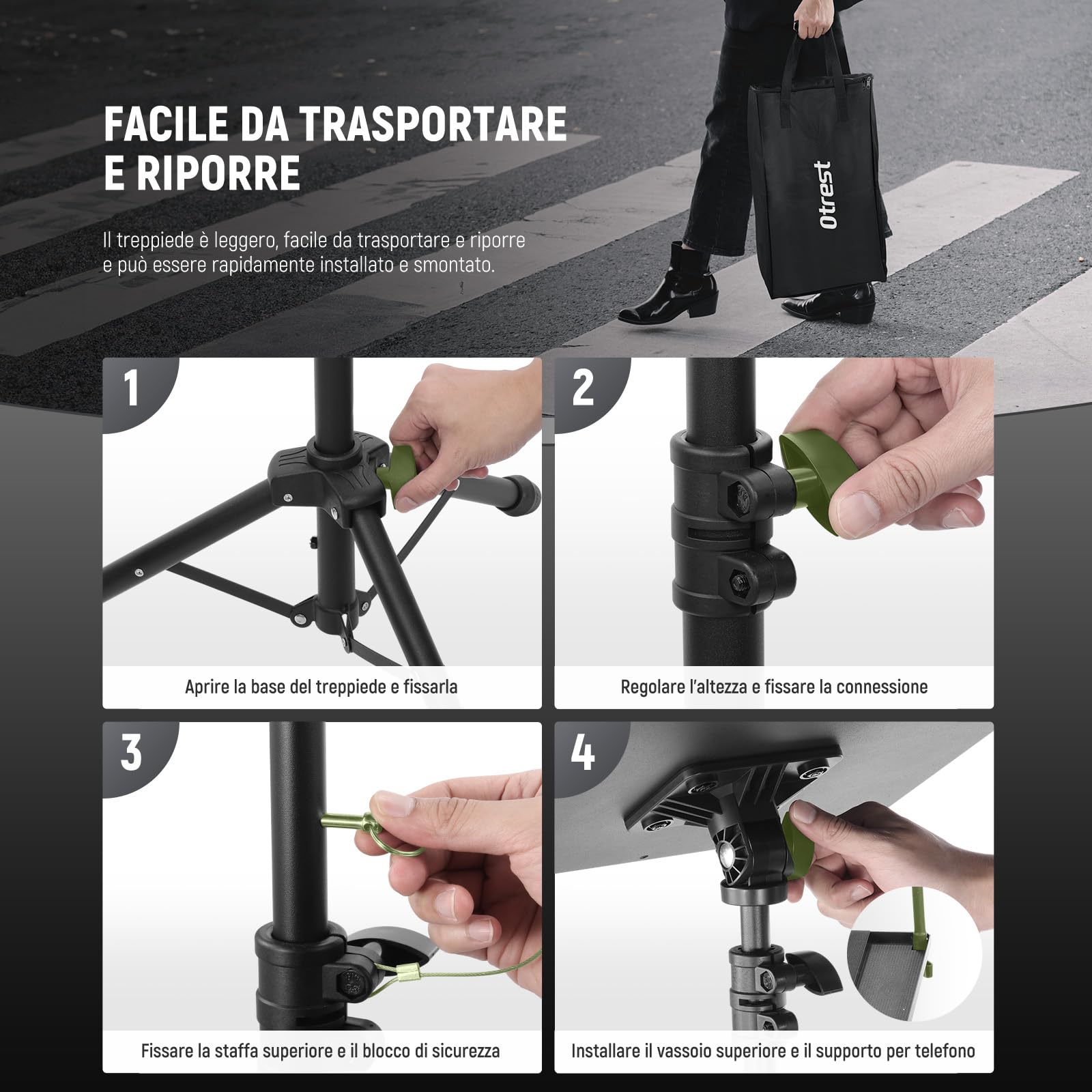Supporto Proiettore con Vassoio Incli a 180° e Porta Telefono, Treppiede per Proiettore/Laptop Telescopico da 76-145cm, Cavalletto per Proiettore Portatile Pieghevole per Studio/Palco, Max10kg