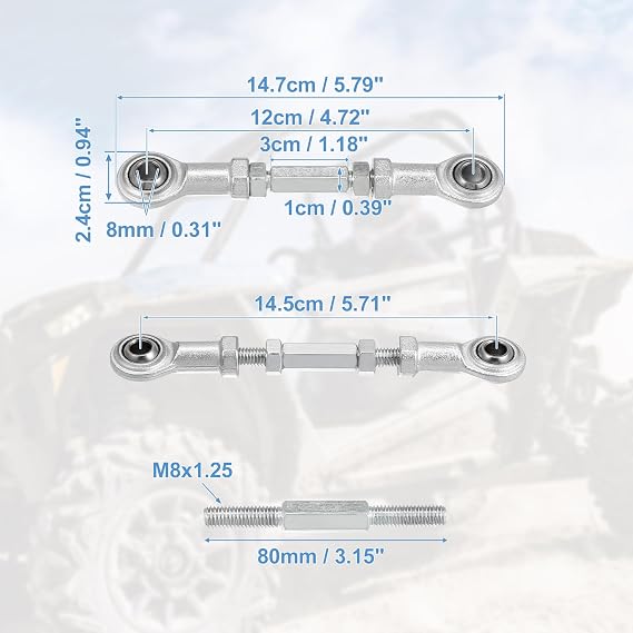 Motoforti 2pcs 80 mm Length 8mm Hole Diameter Adjustable Steering Tie Rod Ball Joint for 49cc Electric ATV Go Kart Accessory Steering Column Steering Suspension Silver Tone