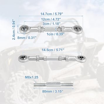 Motoforti 2pcs 80 mm Length 8mm Hole Diameter Adjustable Steering Tie Rod Ball Joint for 49cc Electric ATV Go Kart Accessory Steering Column Steering Suspension Silver Tone
