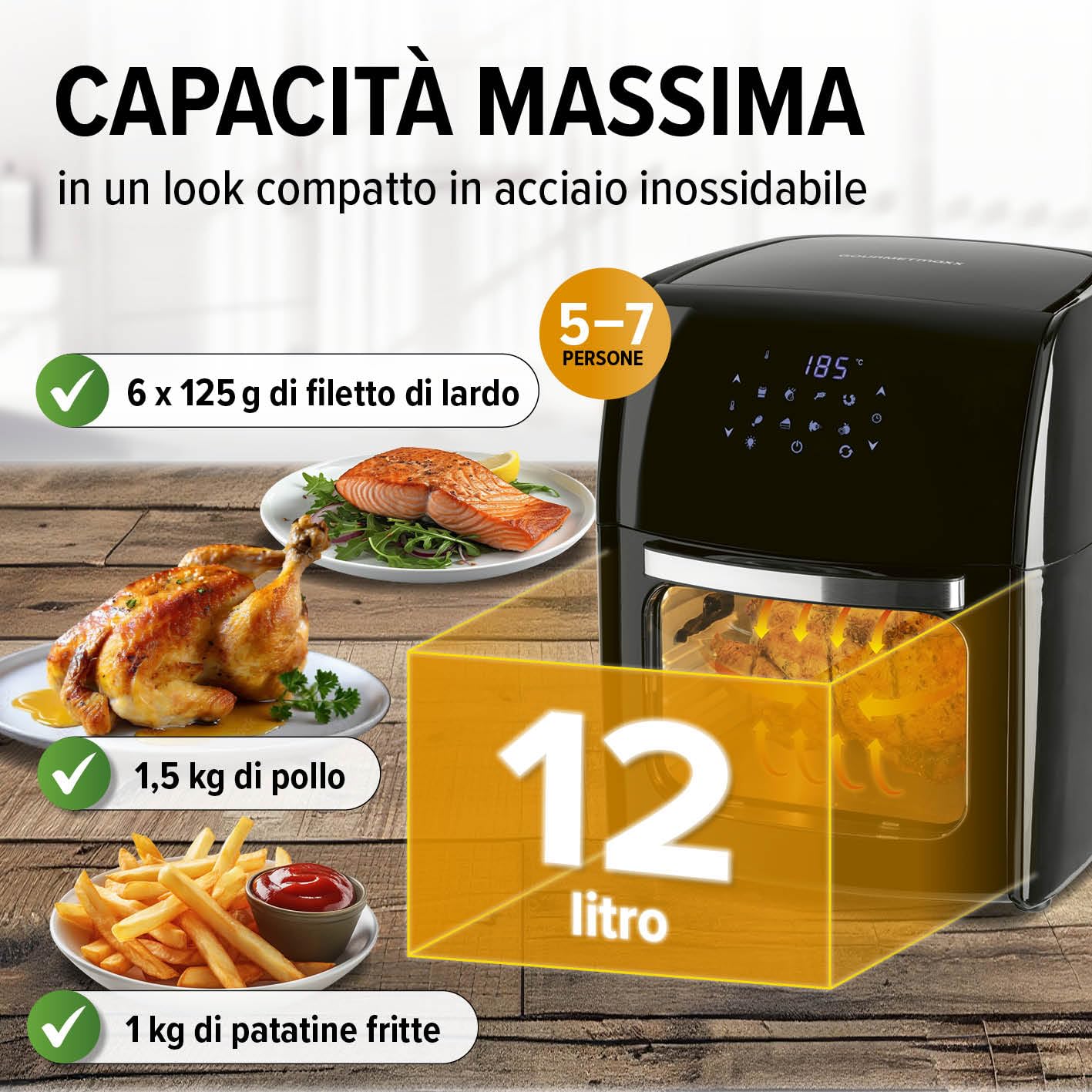 GOURMETmaxx Friggitrice digitale XXL ad aria calda 12 litri | Frittura senza grassi, friggitrice, forno e grill rotante in un unico apparecchio | Con 9 programmi e funzione timer