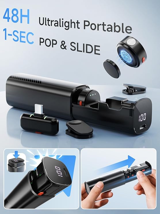 Wireless Lavalier Microphone for iPhone 15/16 & Android with USB-C Plug-Play, Mini Microphone with Noise Reduction, 360 Pickup, 36H Charging Case for Video Recording,Live Streaming, YouTube, TikTok
