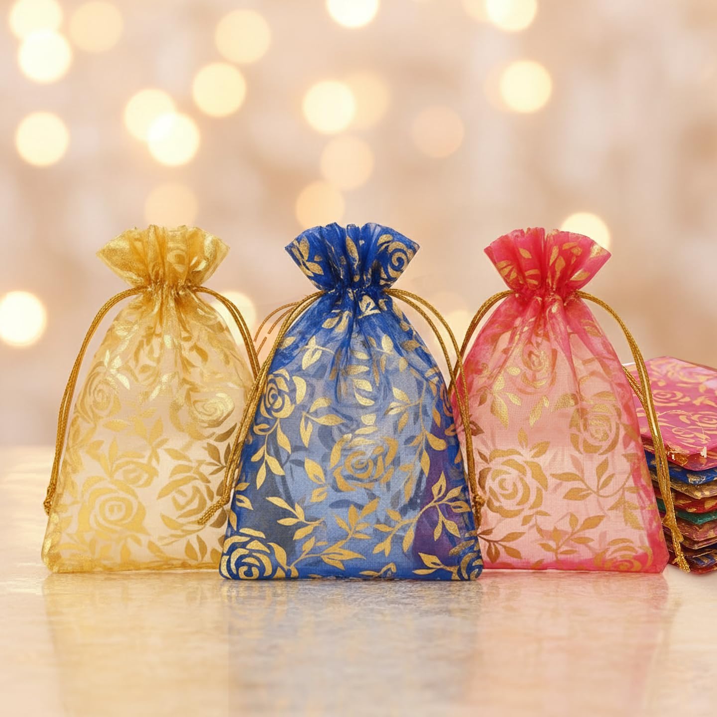 TIED RIBBONS Set of 30 Organza Gift Pouch Bags Floral Print (Small, 10 x 14 Cm) | Drawstring Jewelry Packaging Bags for Return Gifts, Wedding, Dry Fruits & Coins | Reusable Decorative Storage Pouches