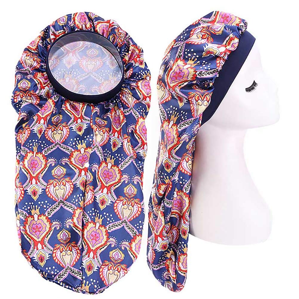 Extra Long Colorful Satin Bonnet Sleep Cap Long Bonnet for Braids Hair Loose Cap (Navy Hearts)