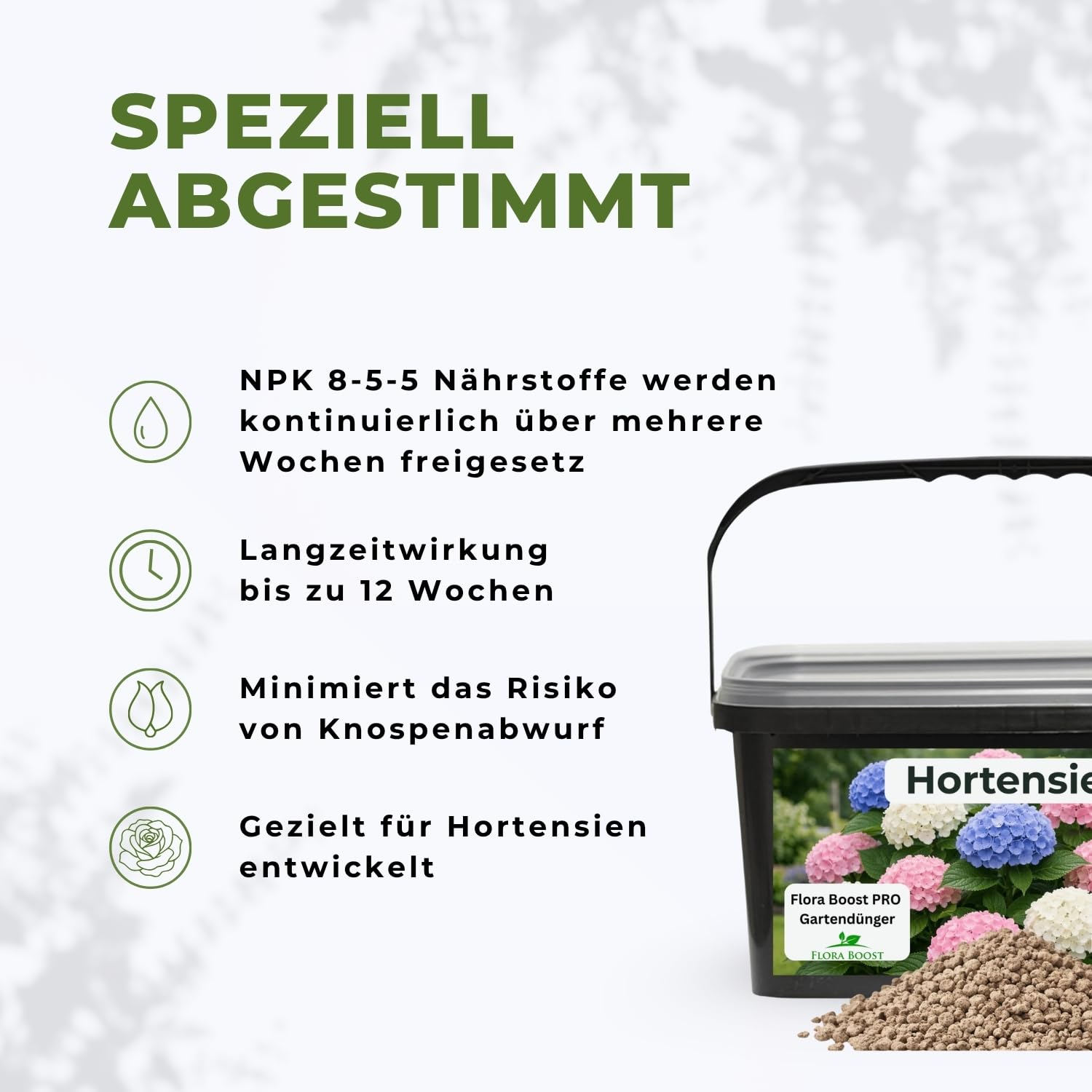 Flora Boost PRO Hortensien Dünger 5 kg I Langzeitdünger NPK 8-5-5 für Bauern-, Rispen- & Tellerhortensien I Granulat für üppige Blüten, kräftiges Wachstum & gesunde Pflanzen
