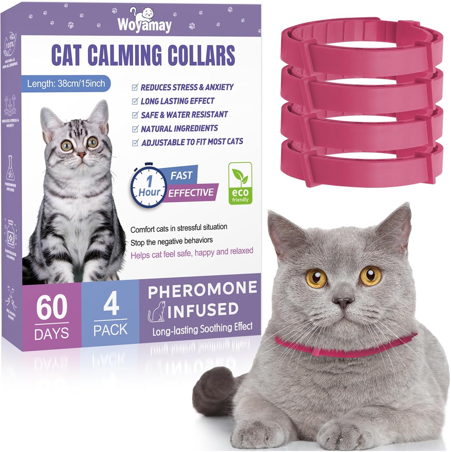 Paquete de 4 collares calmantes para gatos, collar ajustable calmante para aliviar la ansiedad de los gatos, collar de feromonas para gatos,