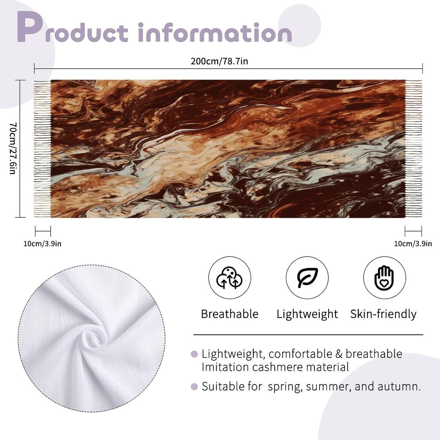 Marble Mixed Brown Scarf for Women Men Classic Fashion Blanket Scarves Soft Cashmere Feel Scarf Cold Weather Warm Long Shawl Winter Large Scarves Classic Blanket Scarfs Thick