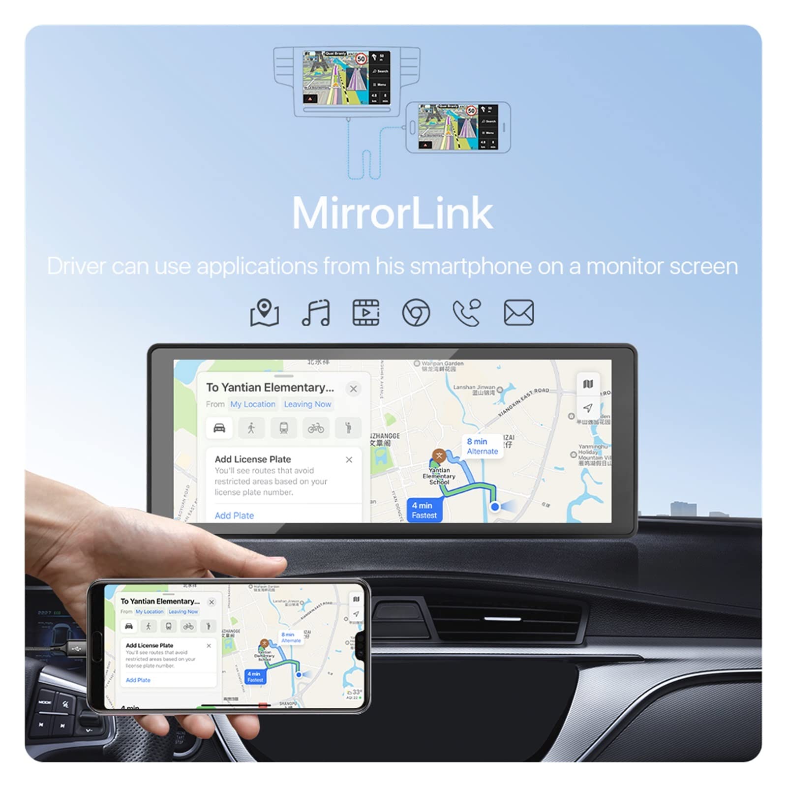 Cámara de Tablero, 9 '' IPS Carplay inalámbrico Auto Full HD Pantalla táctil Monitor portátil Radio de Coche Reproductor Video Multimedia(Only Monitor)