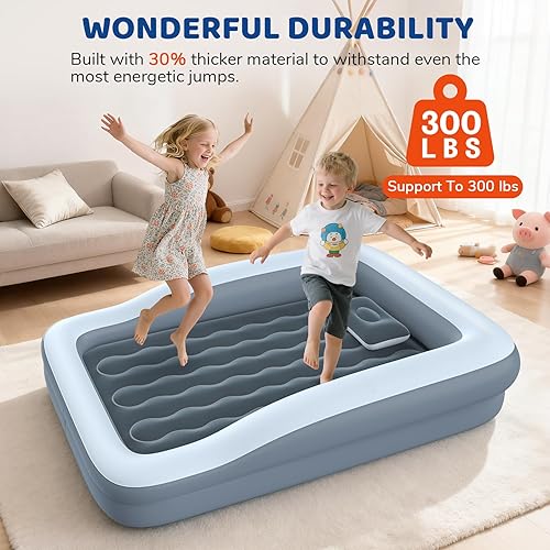 Miniatura 3 de Cama inflable de viaje para niños pequeños, colchón de aire portátil para niños con seguridad de 4 lados, colchón inflable de viaje con bomba