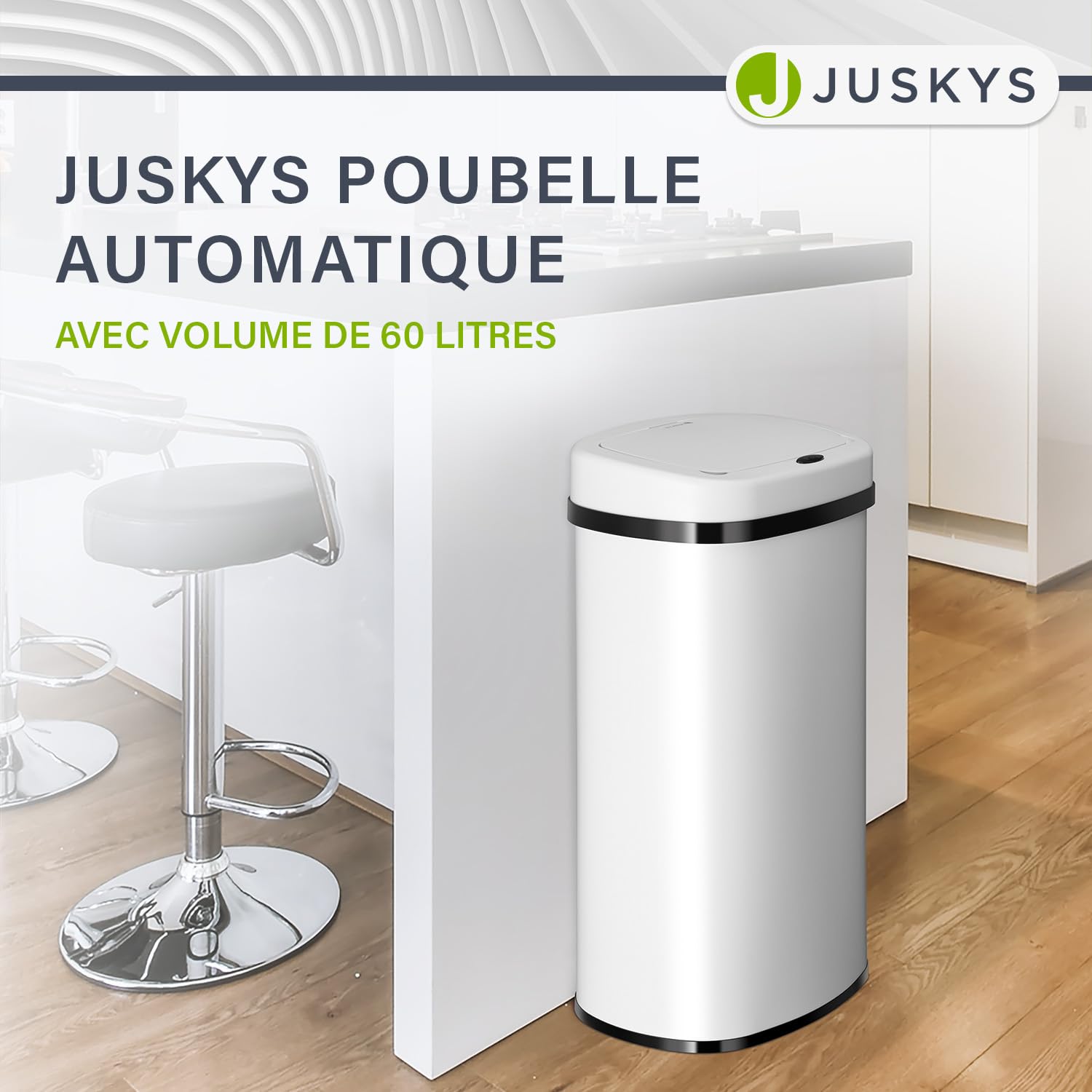 Juskys Poubelle automatique avec capteur de 60 L - poubelle électrique, détecteur de mouvement, couvercle automatique, étanche, rectangulaire, cuisine - blanc