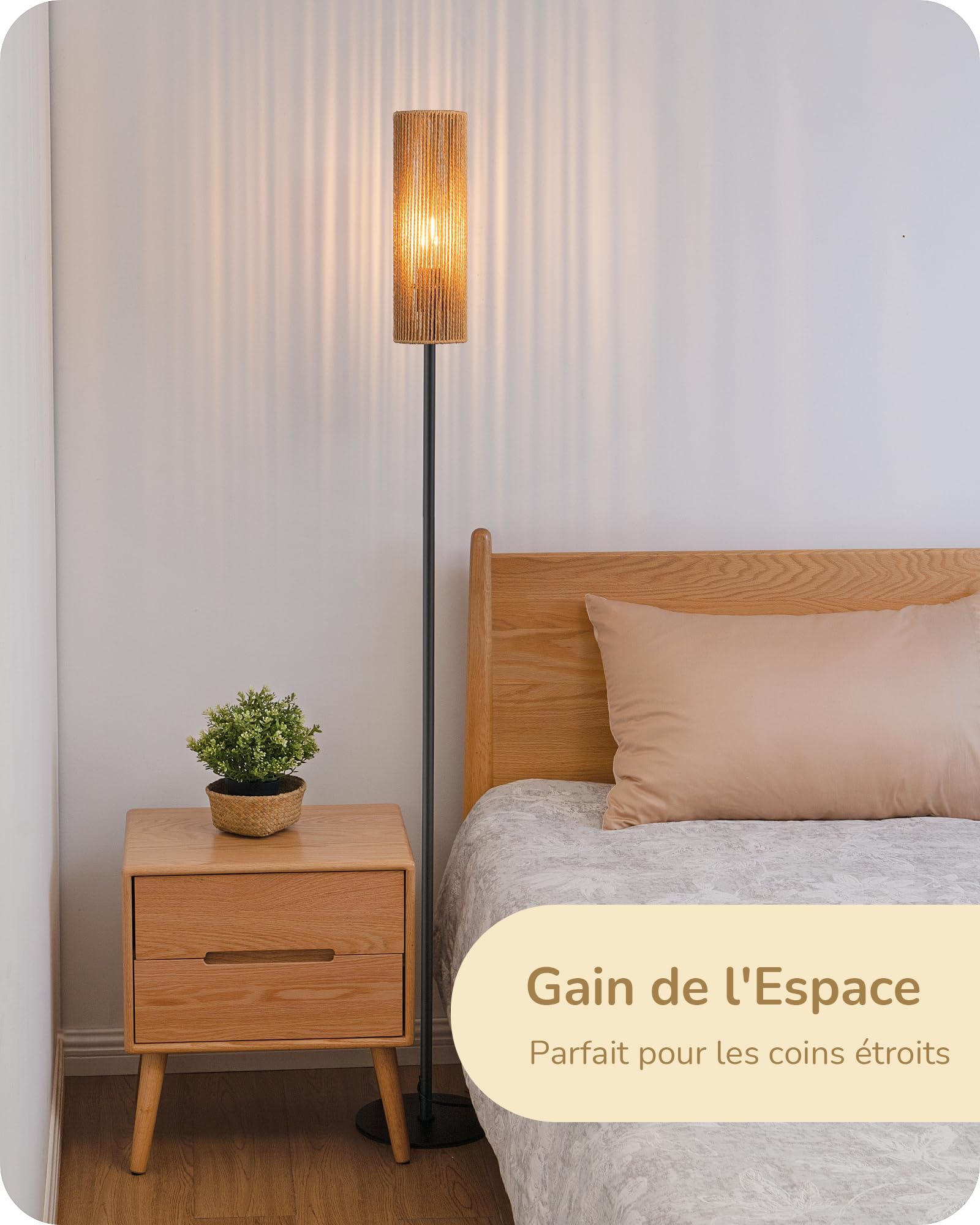 EDISHINE Lampadaire sur Pied Salon avec E27 Ampoule LED de 2700K Lumière Chaude et Abat-jour en Corde Tissée, Interrupteur à Pédale, Lampe sur Pied Moderne pour Salon, Chambre, Bureau, 165 cm