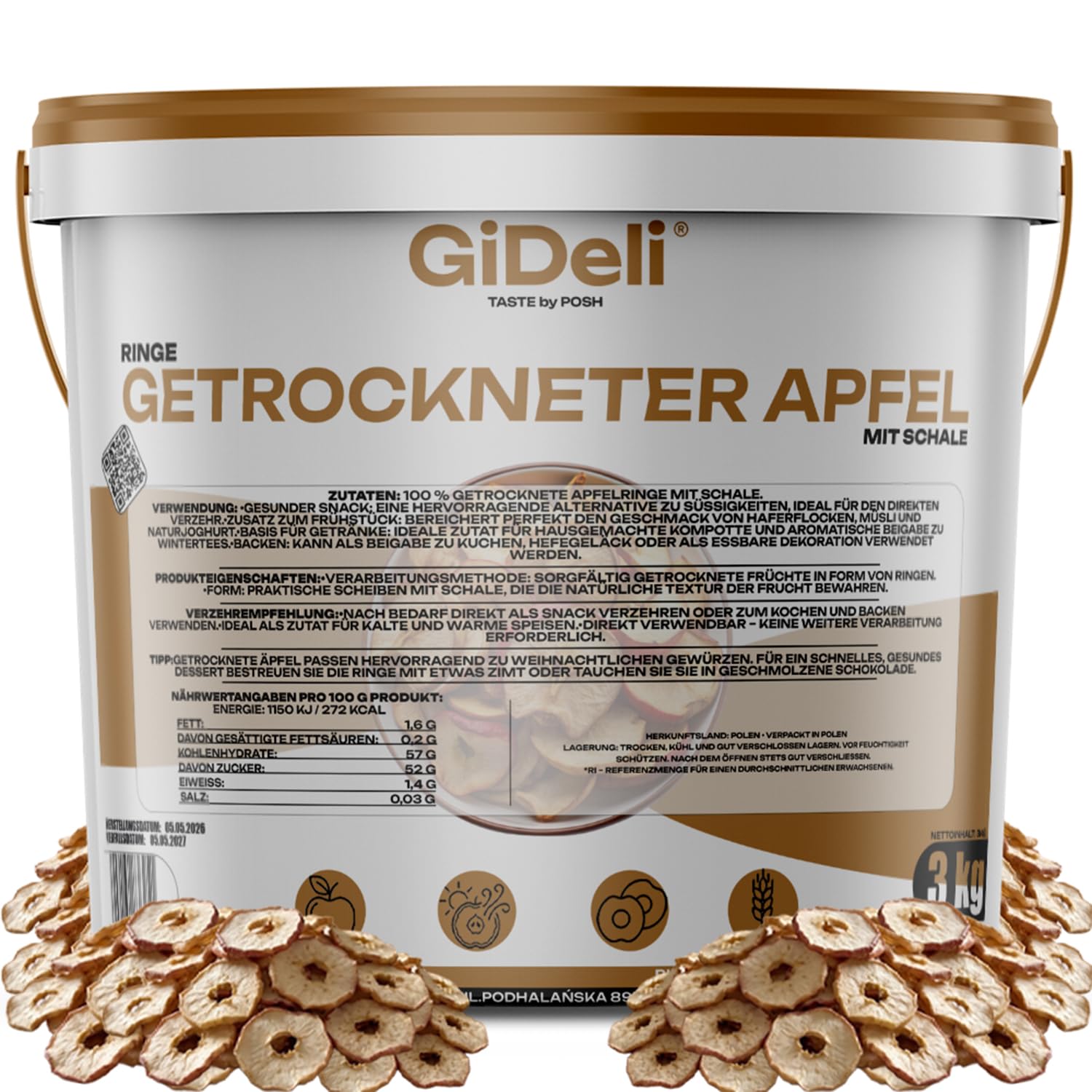 GiDeli Getrocknete Apfelringe 3kg im Eimer - 100% Apfel ohne Zuckerzusatz - Vegan & Ungezuckert - Knusprige Apfel Chips & Trockenfrüchte - Ohne Konservierungsmittel - Ideal für Müsli & Backen