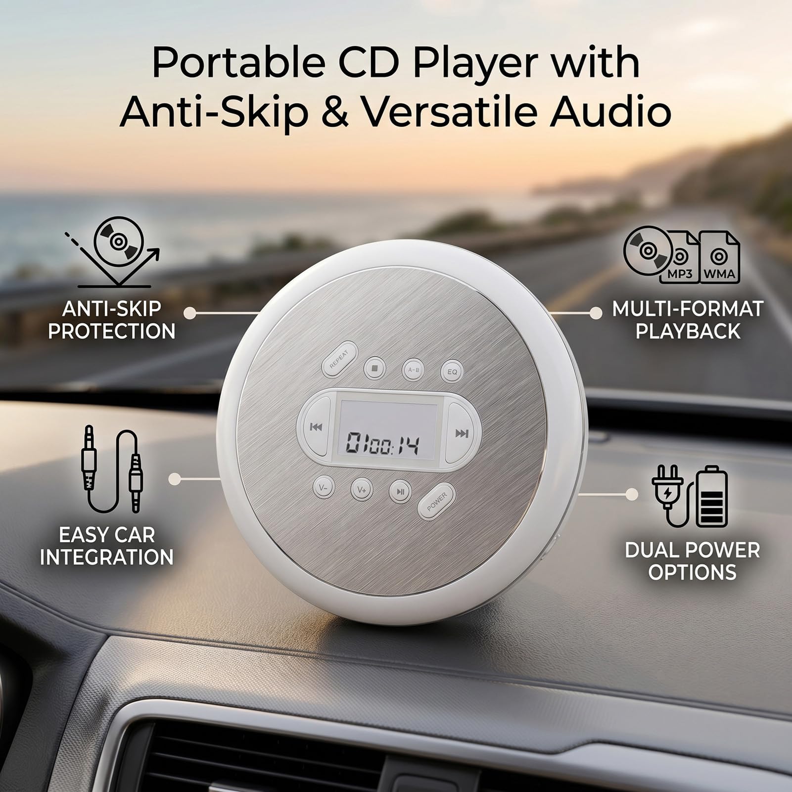 Tangxi Lettore CD Portatile con Cuffie, Lettore CD Portatile per Auto con Funzione di Ripetizione Protezione Anti Salto, Cavo AUX, per Sport Domestici All'aperto
