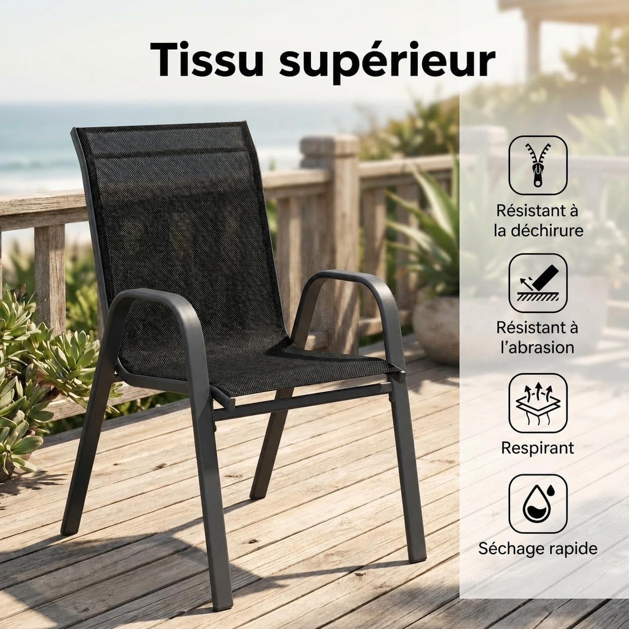 Lot de 4 chaises de Patio empilables avec accoudoirs - Noir