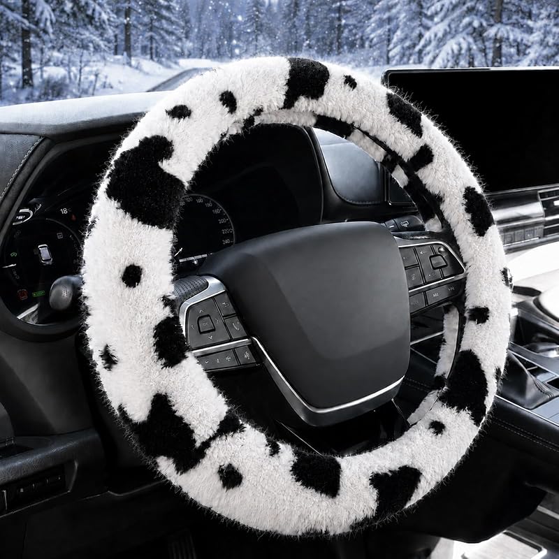 Capa de volante em pelúcia com estampa de vaca ZHOL, 38,1 cm (15 pol.), Branco com estampa de vaca