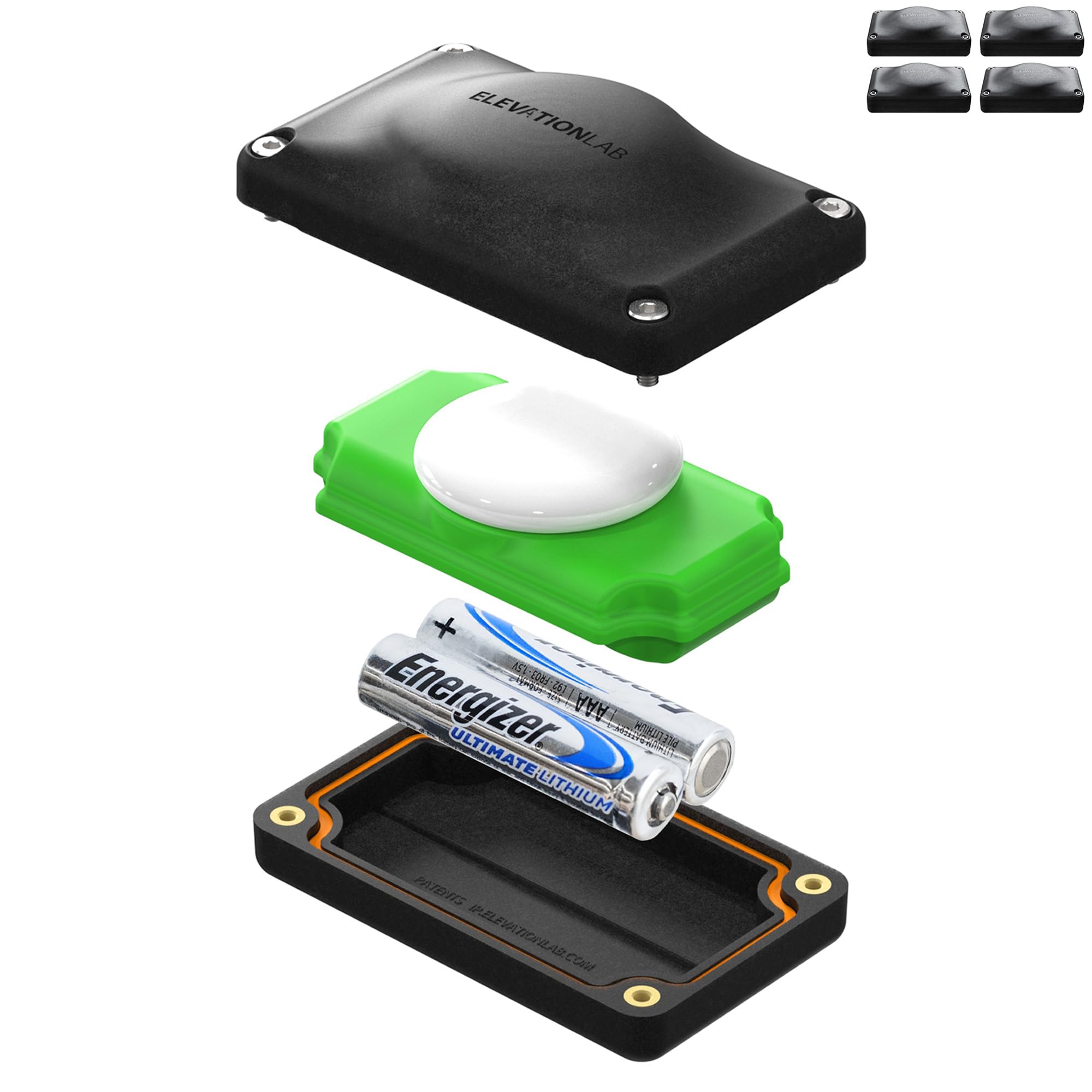 Elevation Lab AirTag 5-Year Compact Extended Battery Case (4 Pack) - Uses AAA Batteries - 5X More Capacity Than CR2032 TimeCapsule | Waterproof, CR