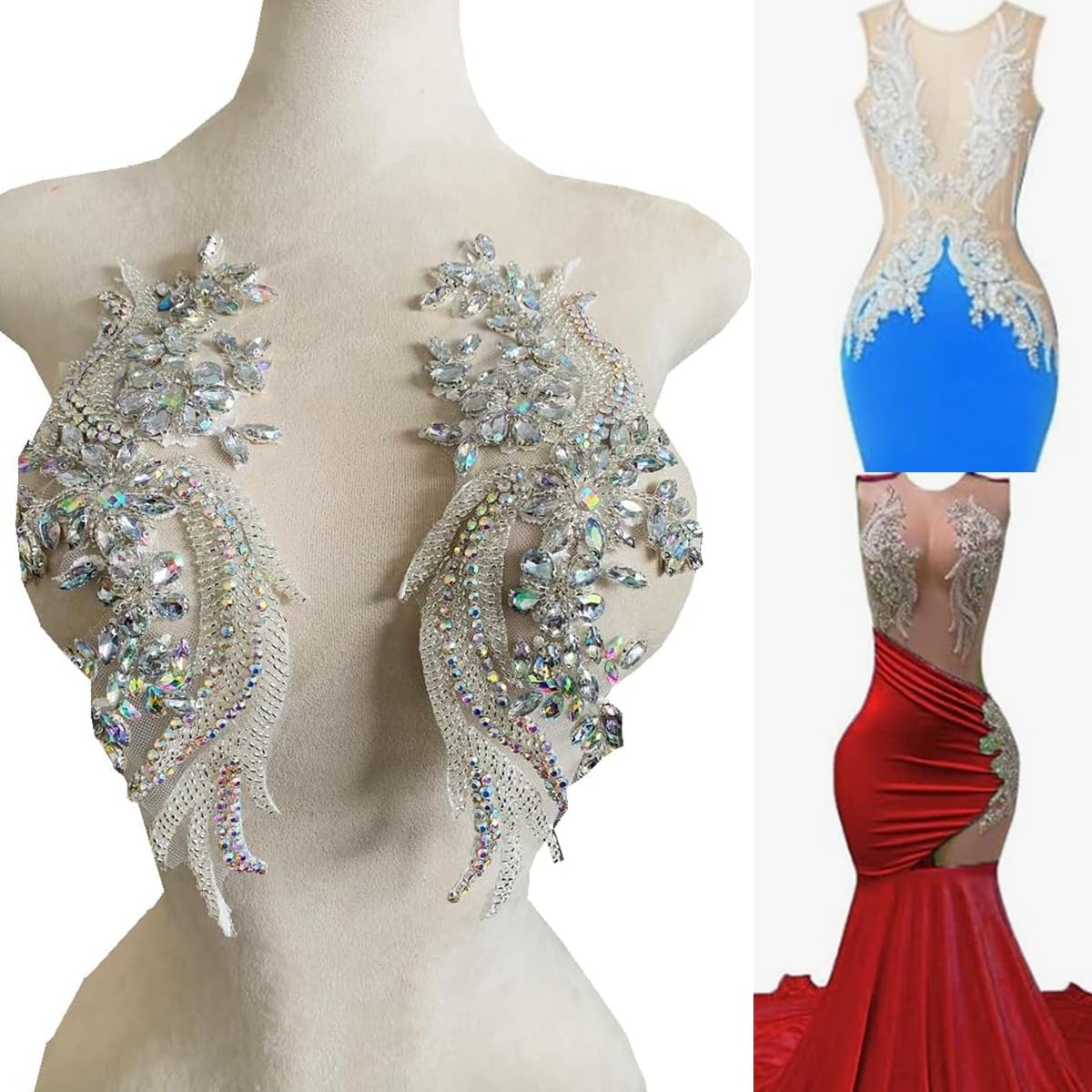 1 Pair Handmade Beaded Crystal Patches Bodice Lace DIY Applique Patches Accessory for Dress Clothes 35X12cm (Black)