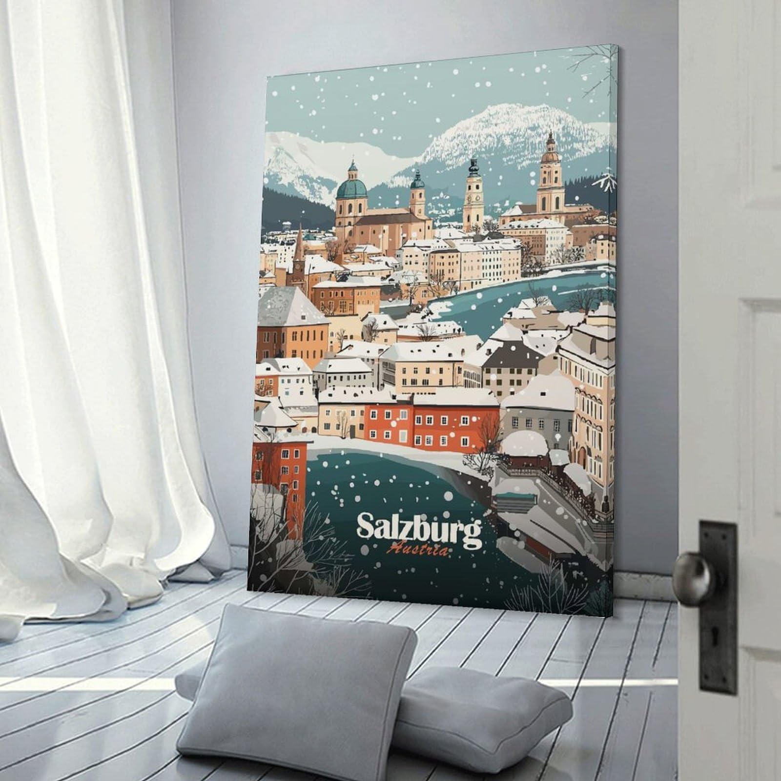 Junmoney Salzburg Winter Cityscape Room Decor Wall Art, 24x36inch(60x90cm), for Entrance Walls, Hall Decor Or Foyers, A Neat Decor Update for Hallways