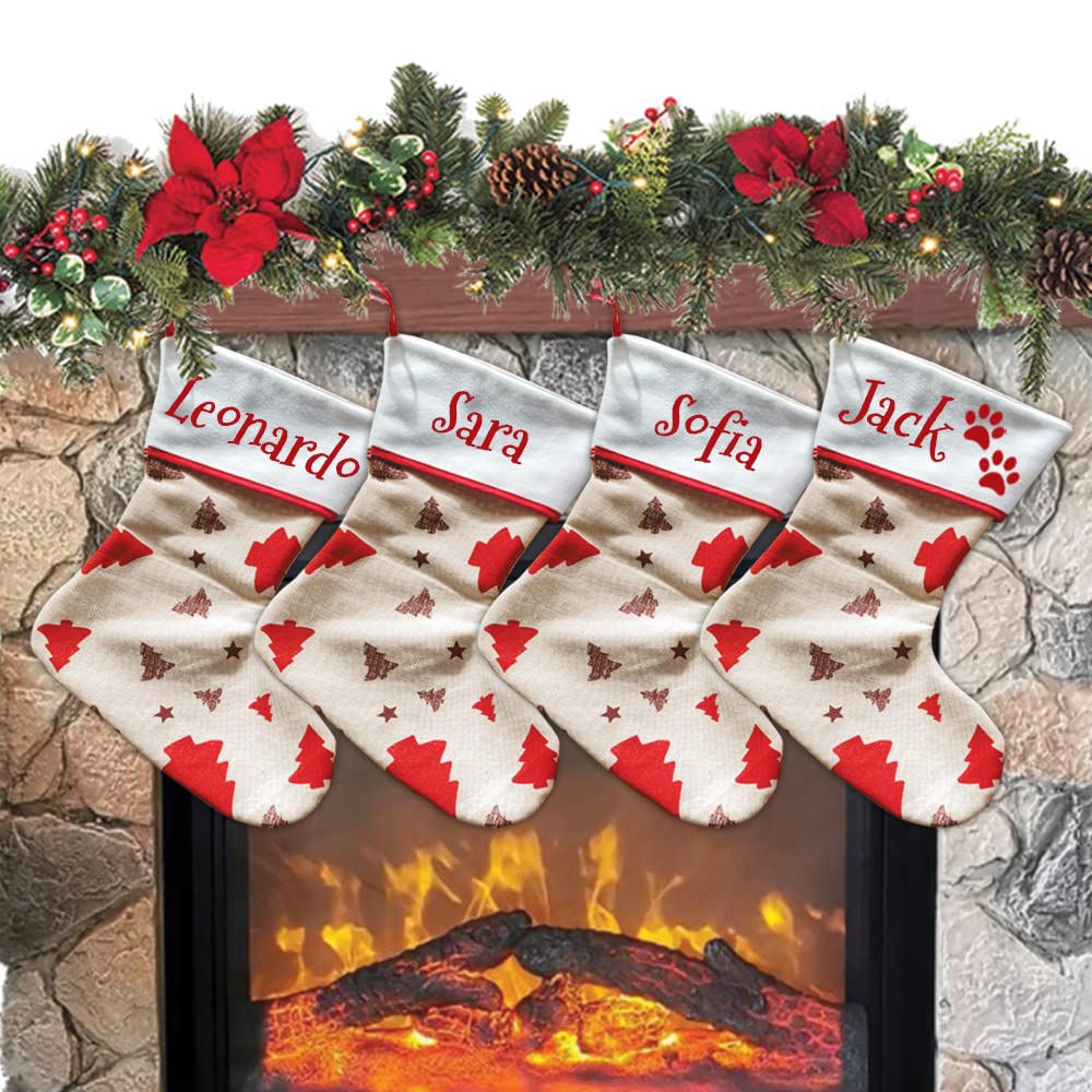 Lot de 4 chaussettes de Noël à suspendre avec nom de 20 cm, 33 chaussettes pour Noël personnalisées pour décoration pour fêtes familiales (lot de 4 pièces, arbre)