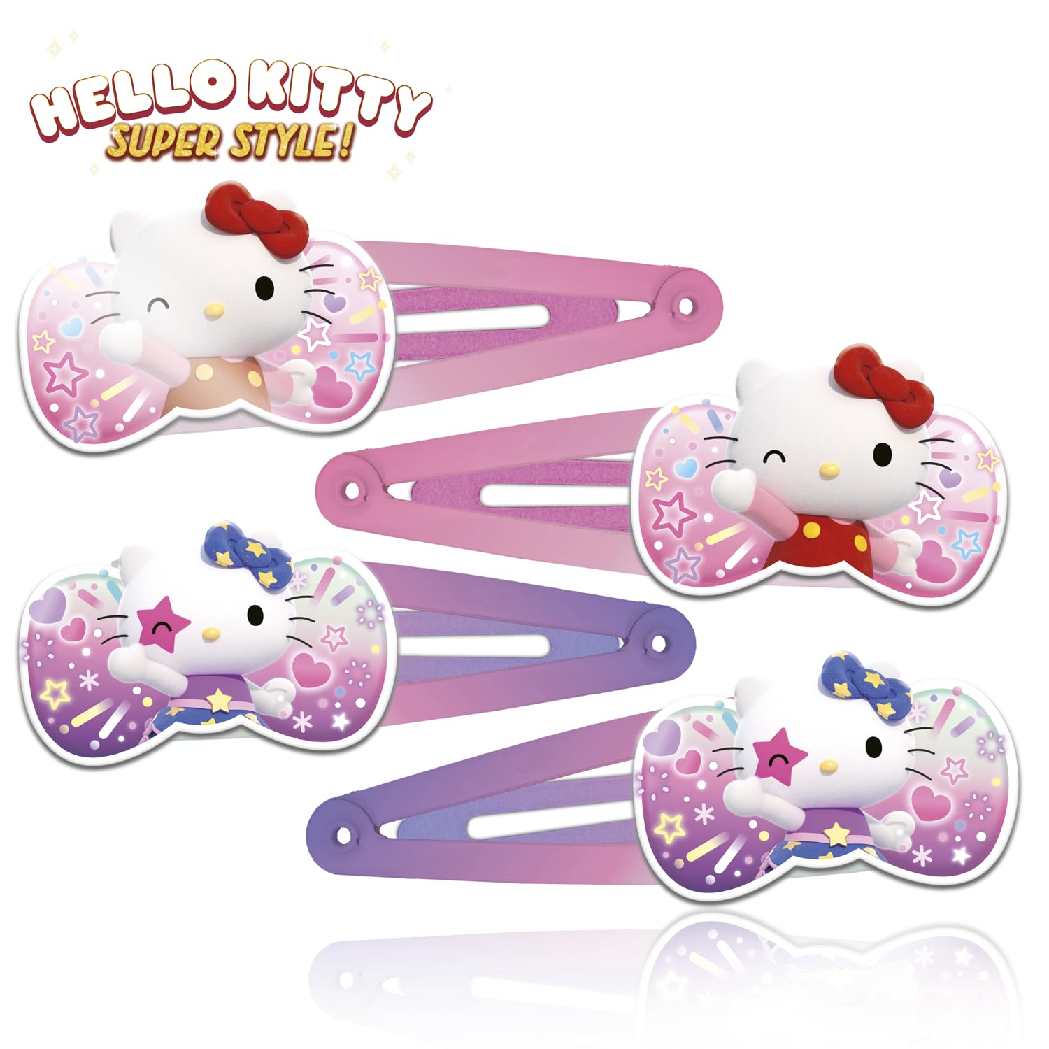 CRAZE Hello Kitty Hair Clip, 4 spinki do włosów dla dziewczynek Hello Kitty, Haczyki do włosów dla dziewczyn, 2 różne wzory (2 sztuki każdego), kolorowe klipsy