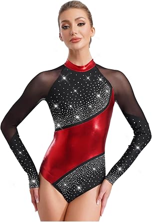 Womens Rhinestone Ballet Dance Leotard Long Sleeve Gymnastics Bodysuit Figure Skating Dancewear