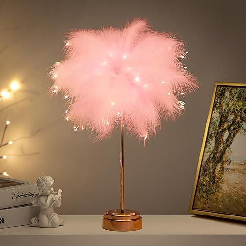 Lámpara de plumas rosadas  Luces LED de noche de plumas de ambiente para madre, novia, hogar, habitación de niña, decoración de boda