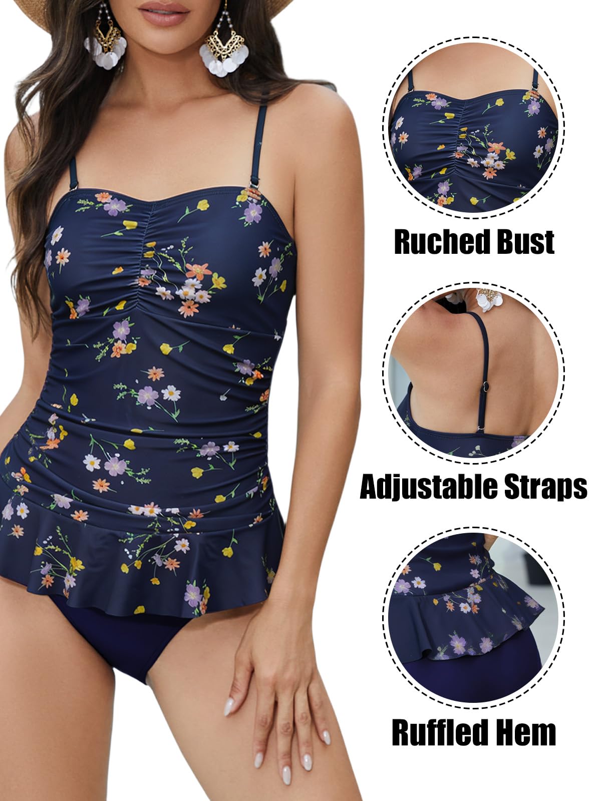 Rayson Trajes de Baño Mujer 2 Piezas Volante Tankini Bañador Plisado Abdominal Top y Bottom Tirantes Ajustables