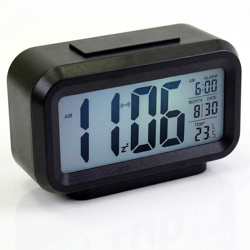 Despertador Digital com Luz Noturna Automática, Função Soneca, Temperatura e Data, Compacto para Viagem ou Mesa de Cabeceira (Preto)
