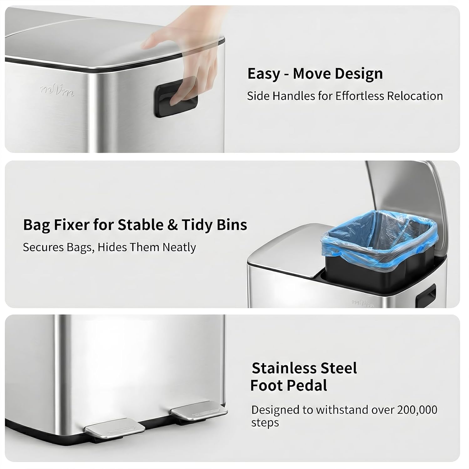 mVm Dual Compartment Trash Can, 10.6 Gal (2x5.3 Gal) Dual Compartment Kitchen Trash Can with Double Layer Lids, Wide Type Modern Kitchen Decor Office Garbage Can(Silver)