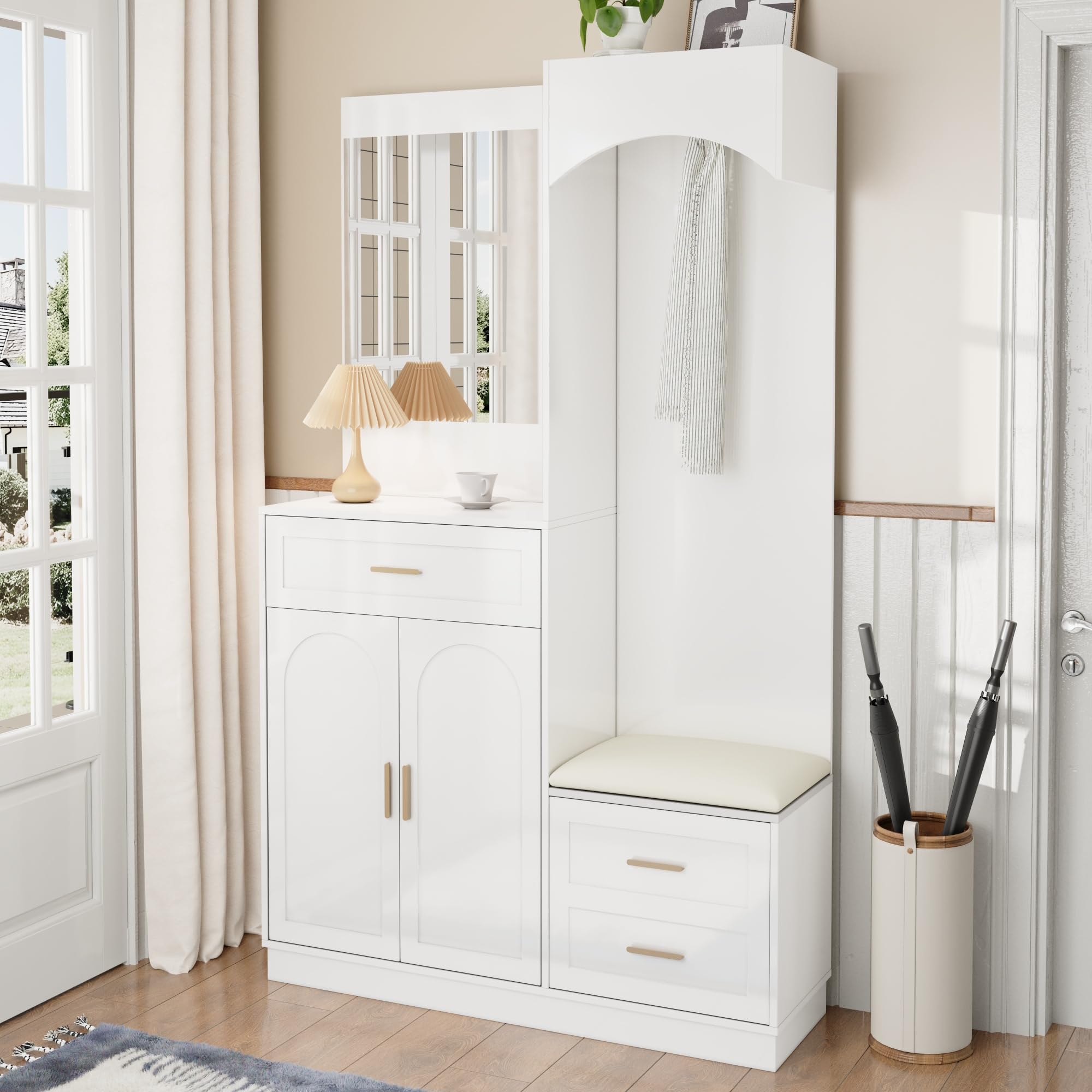 LAKFEW Juego de Perchero Moderno, Recibidores de Entrada con Espejo y Asiento, Conjunto de Perchero Entrada Recibidor Mueble Recibidor con Cajón y 3 Puertas, Percheros, 110x33x185.5 cm, Blanco